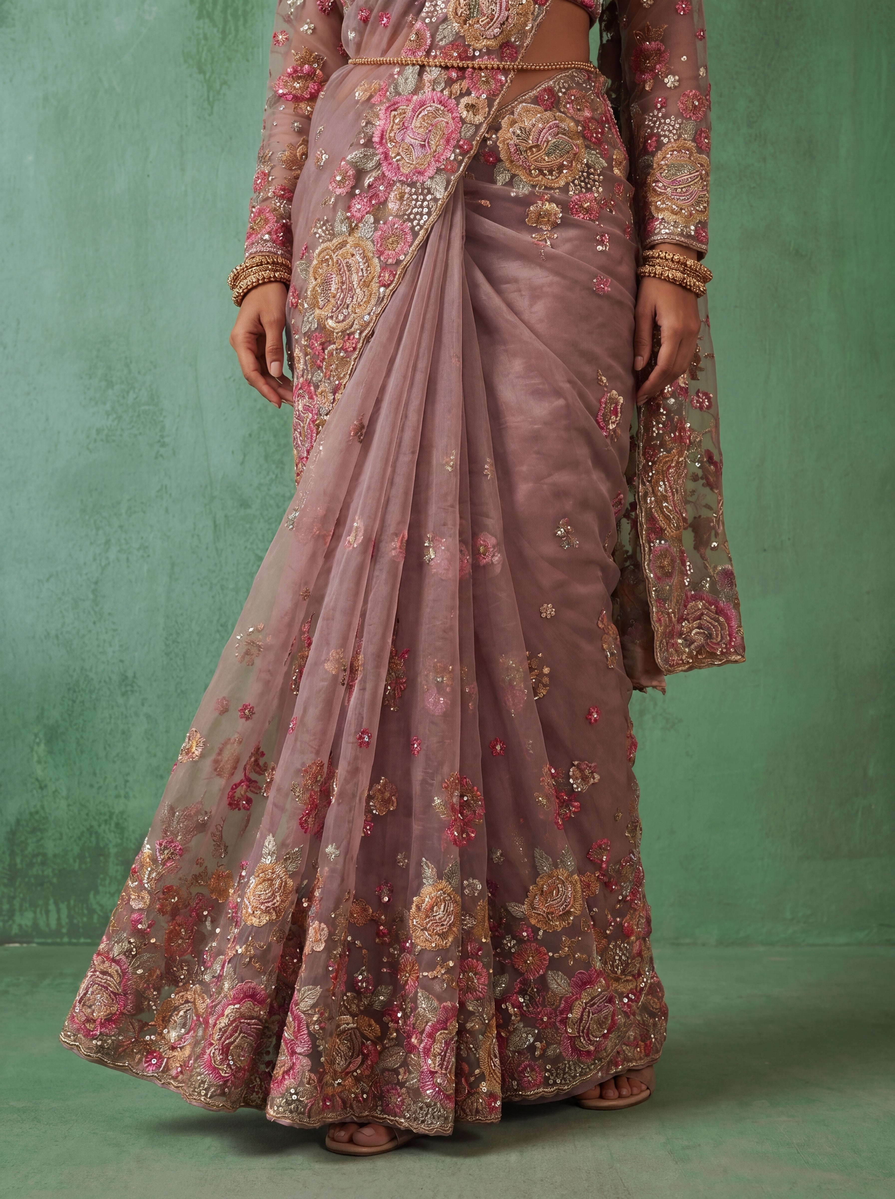 Premium Dusty Pink Designer Saree with Intricate Floral Sequins Work