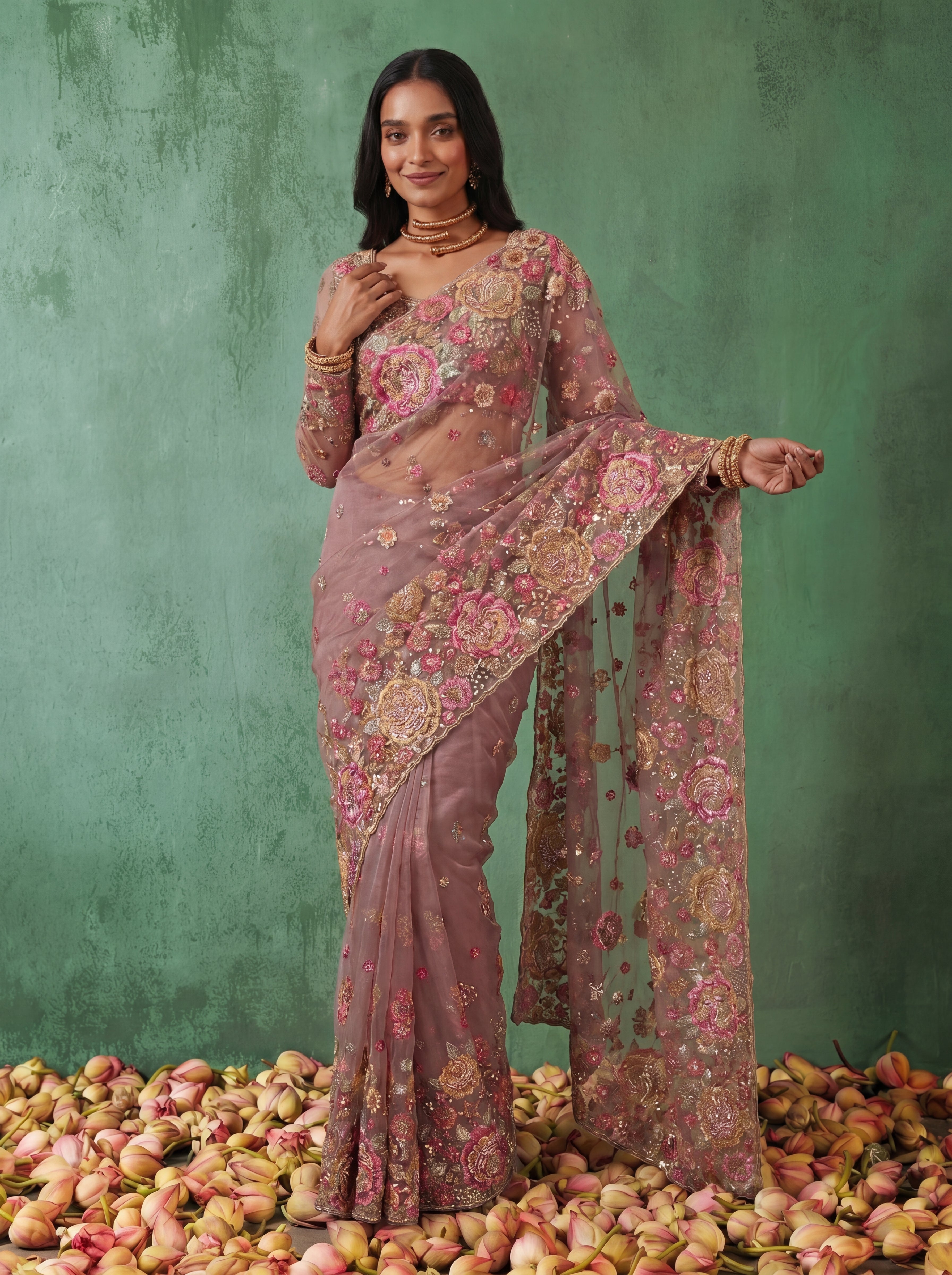 Premium Dusty Pink Designer Saree with Intricate Floral Sequins Work