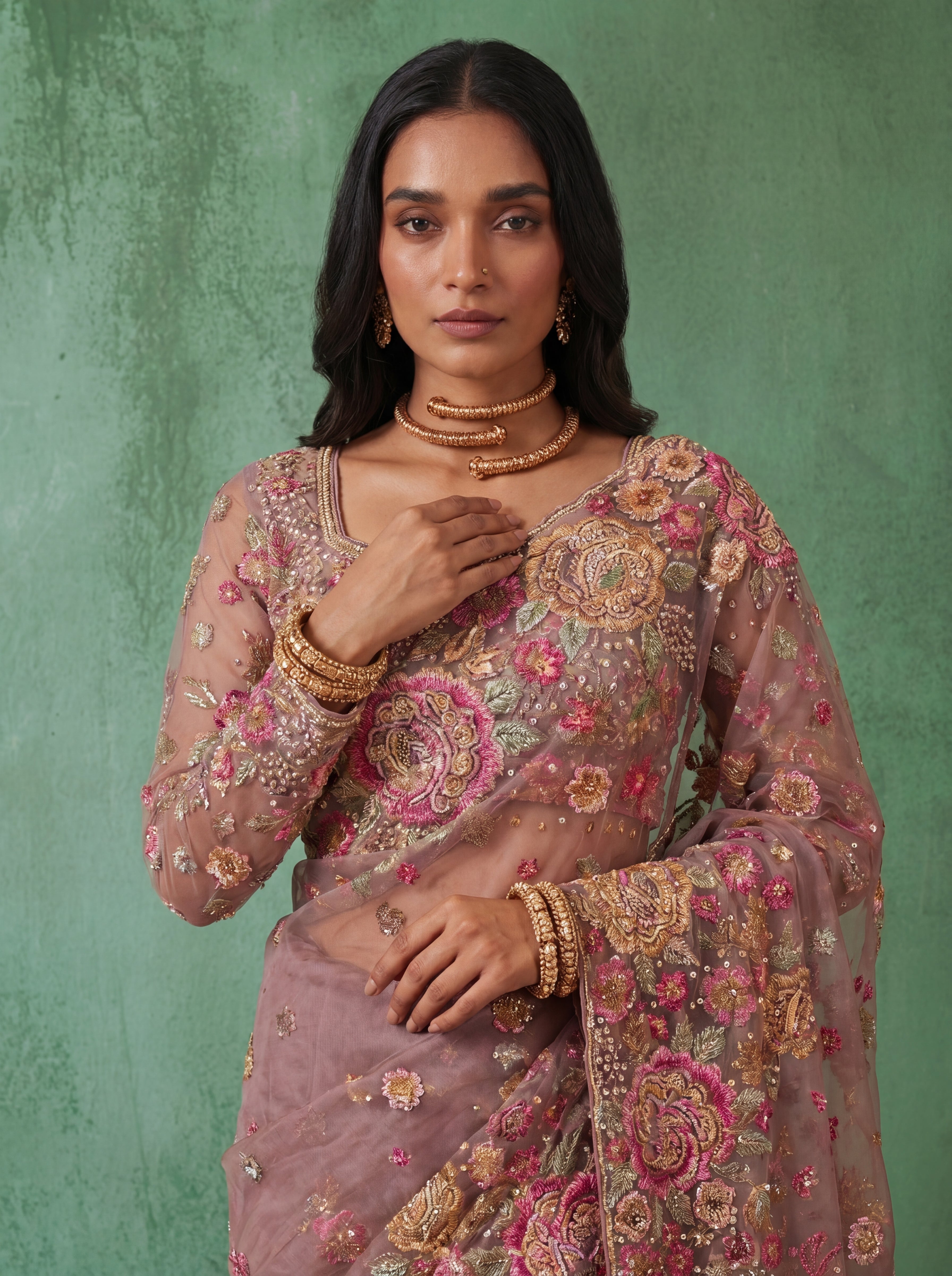 Premium Dusty Pink Designer Saree with Intricate Floral Sequins Work
