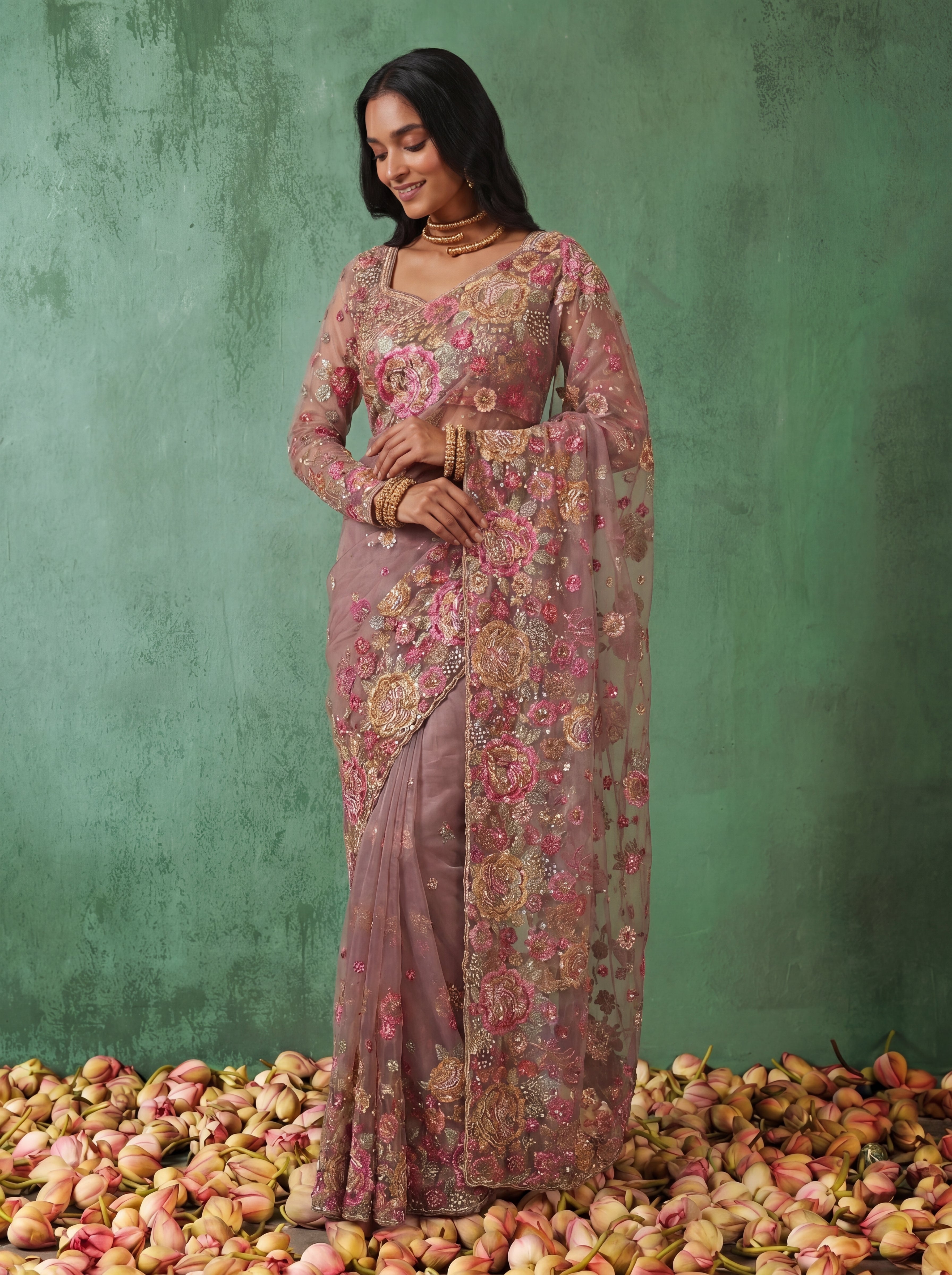 Premium Dusty Pink Designer Saree with Intricate Floral Sequins Work
