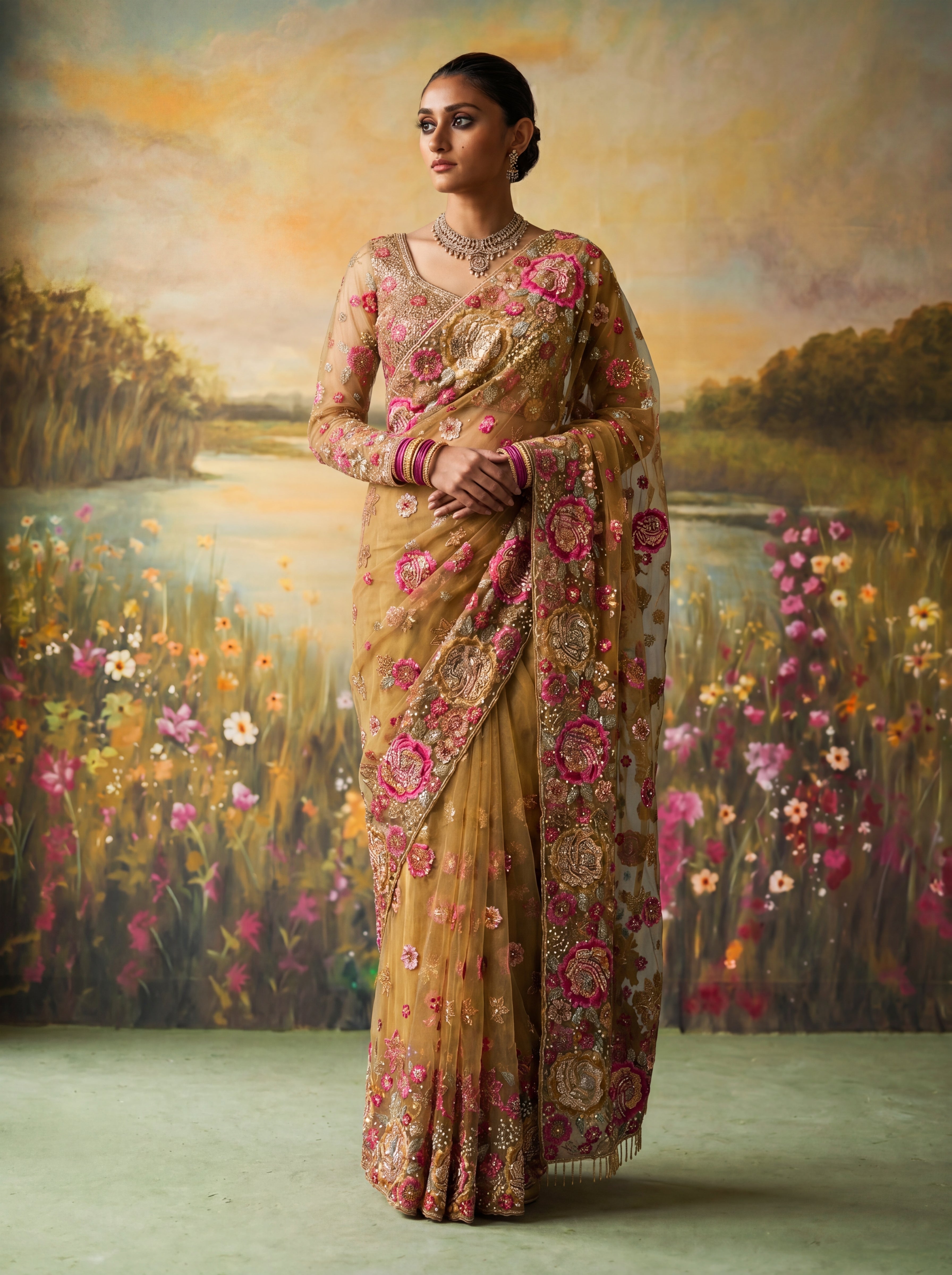 Premium Mehandi Designer Saree with Intricate Floral Sequins Work