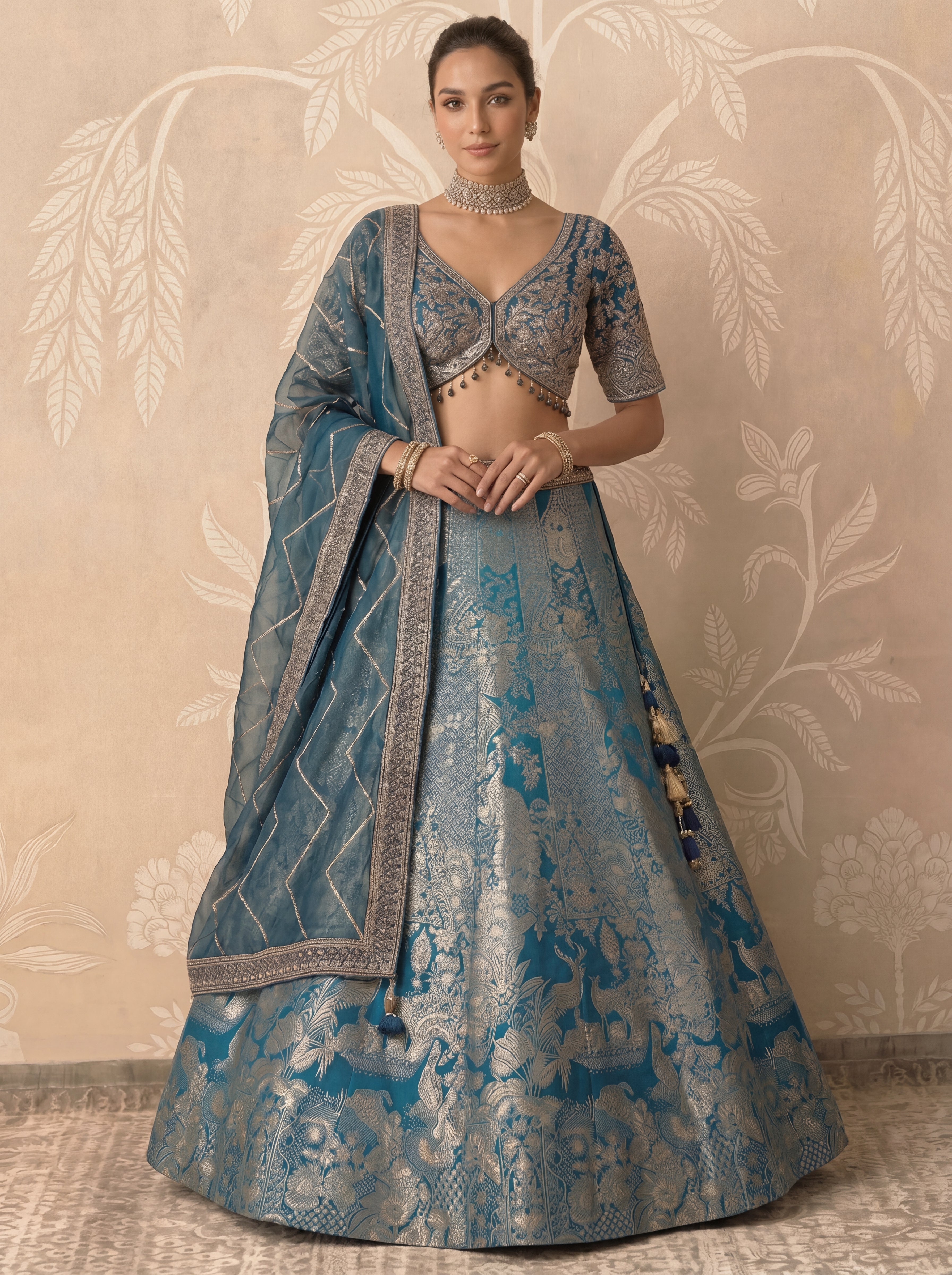 Teal Blue Viscose Jacquard Weaving Wedding Lehenga Choli Set
