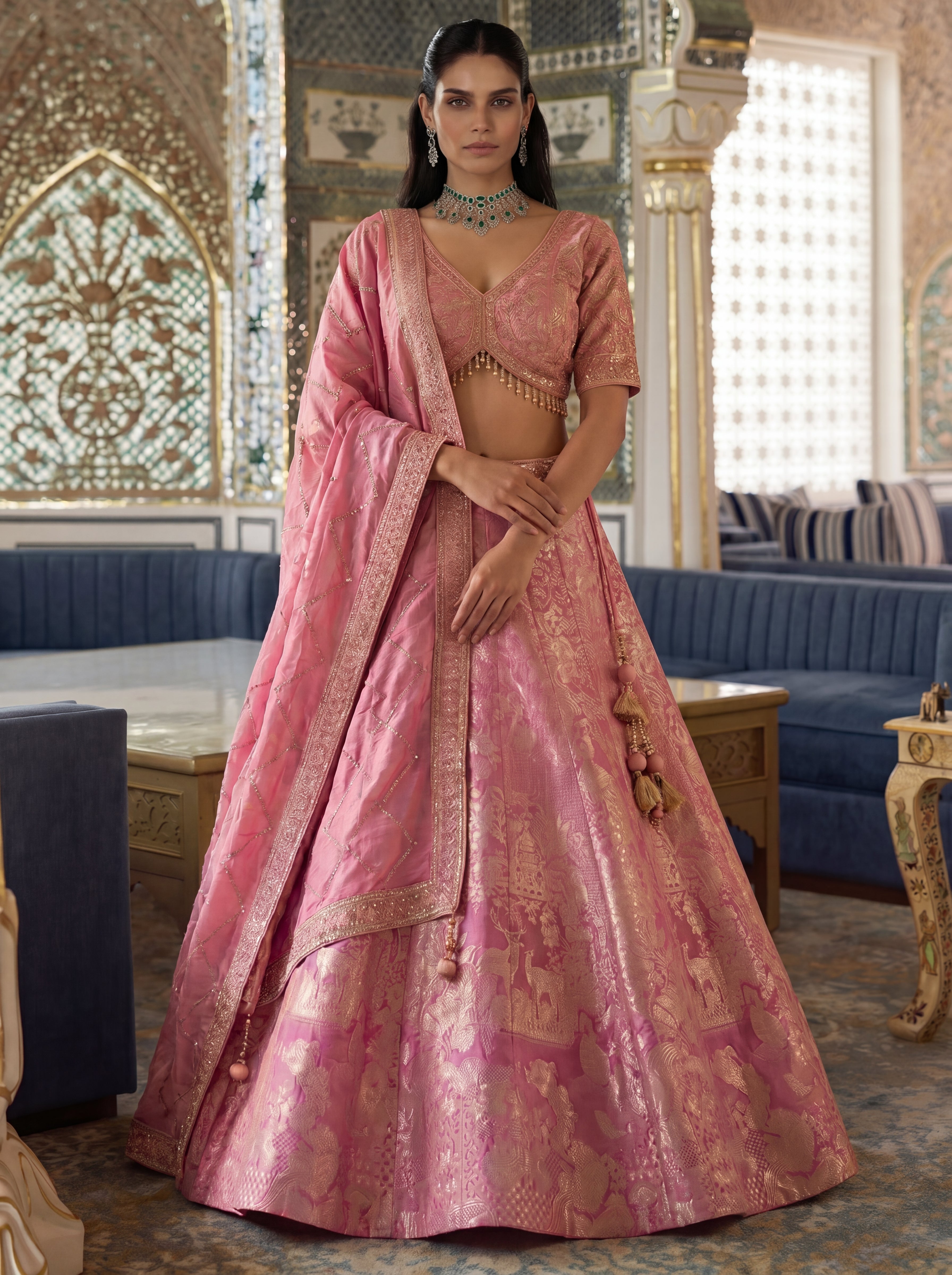 Rose Pink Viscose Jacquard Weaving Bridal Lehenga Choli Set