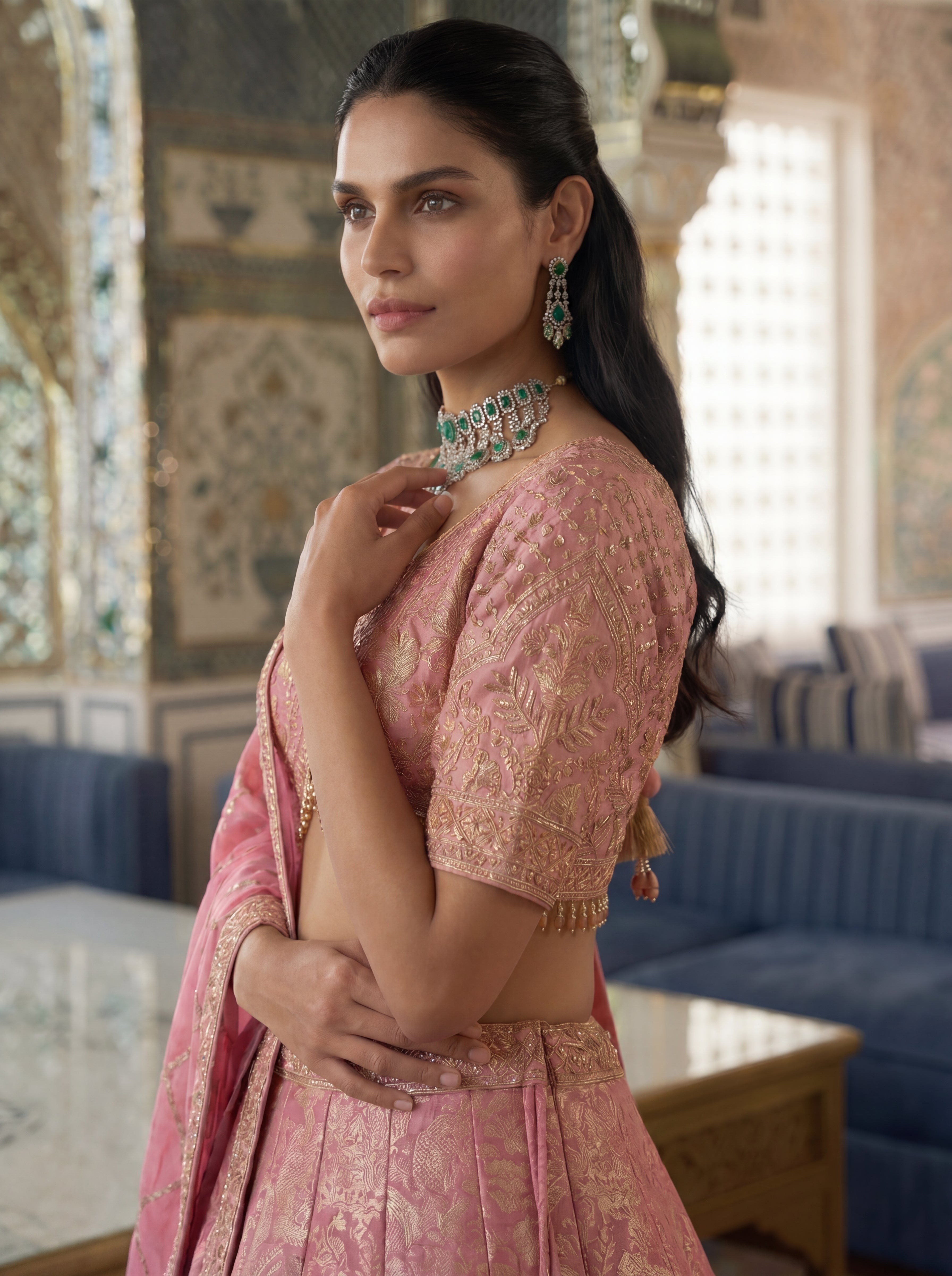 Rose Pink Viscose Jacquard Weaving Bridal Lehenga Choli Set