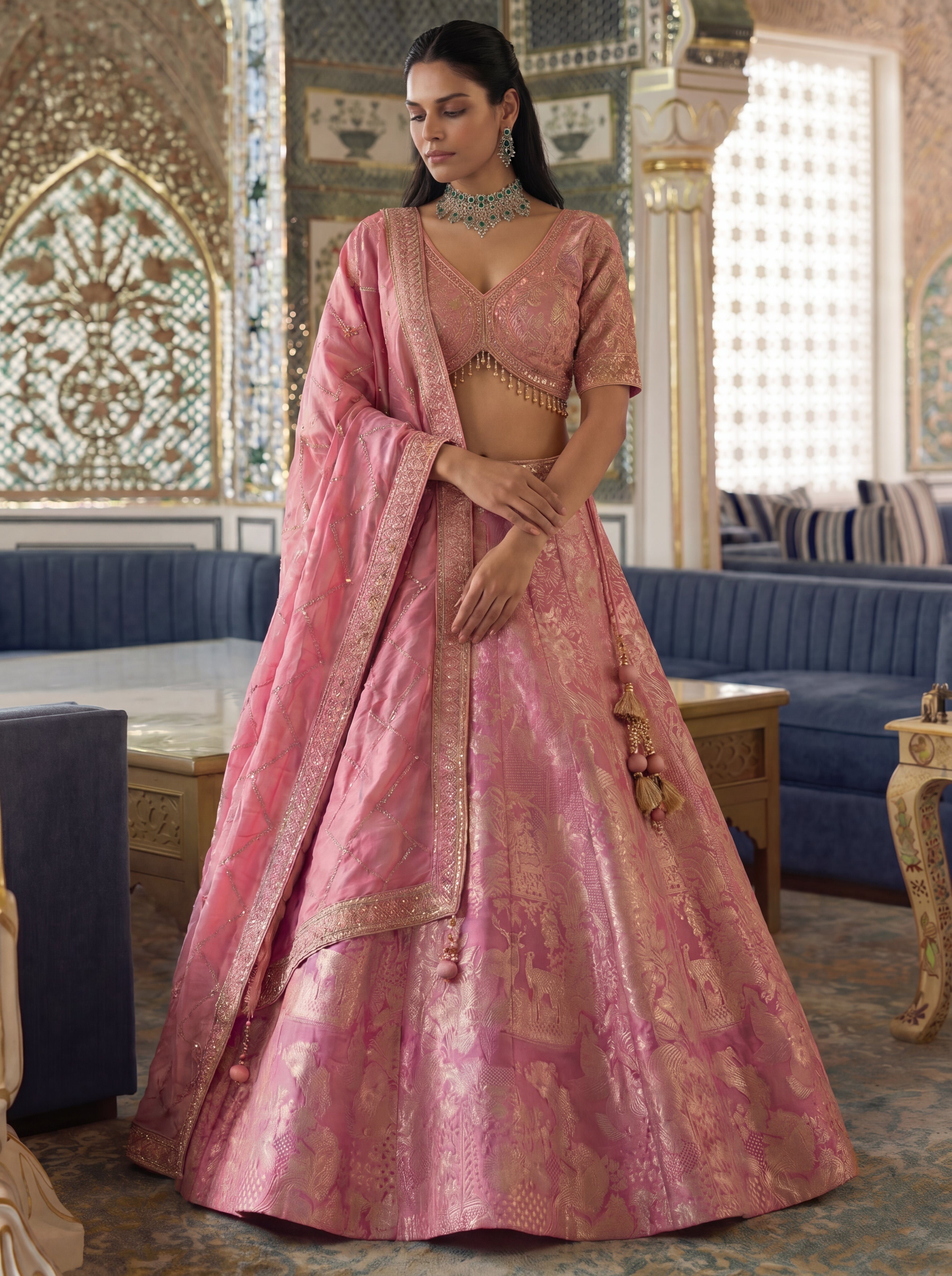 Rose Pink Viscose Jacquard Weaving Bridal Lehenga Choli Set