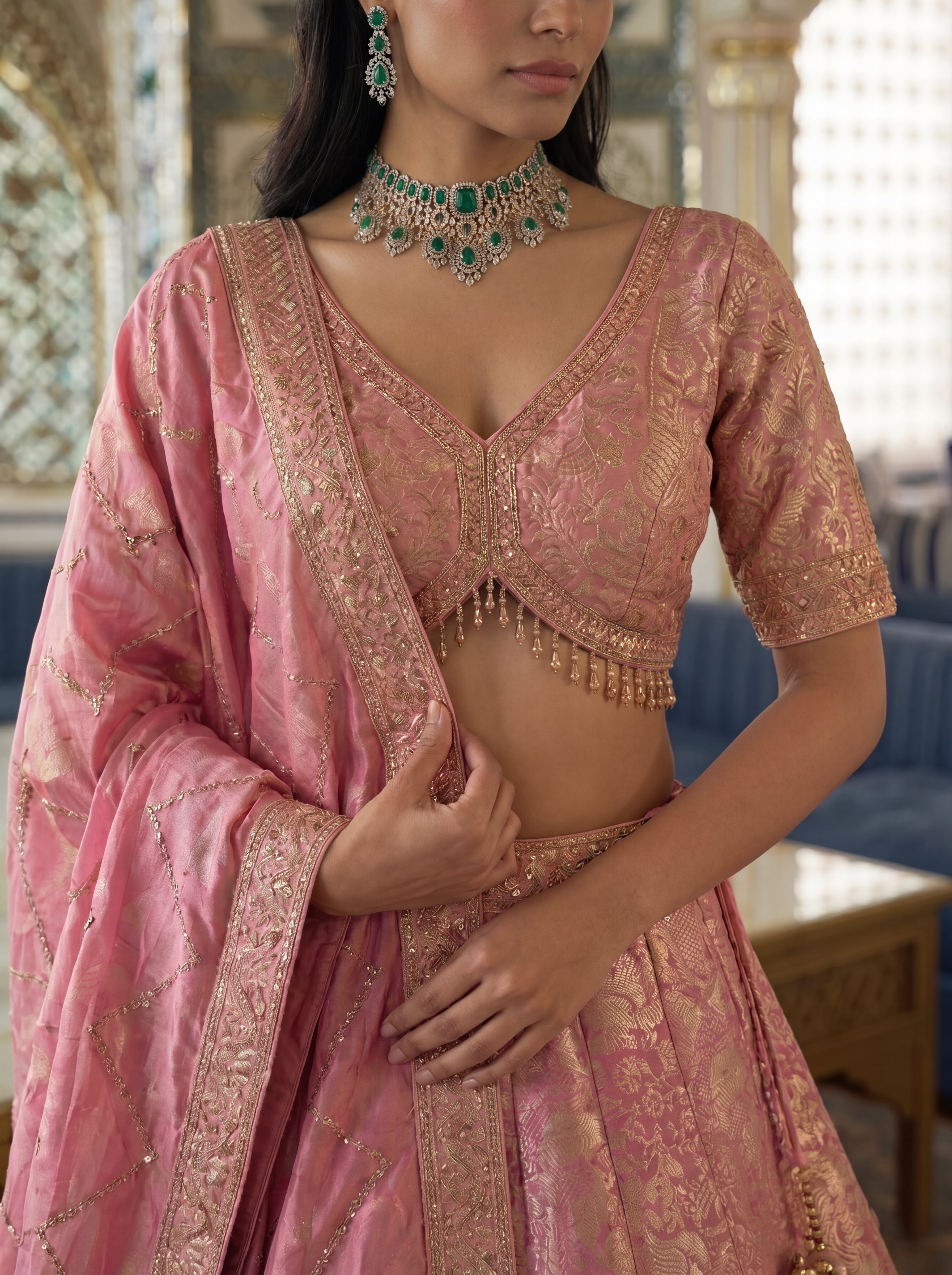 Rose Pink Viscose Jacquard Weaving Bridal Lehenga Choli Set