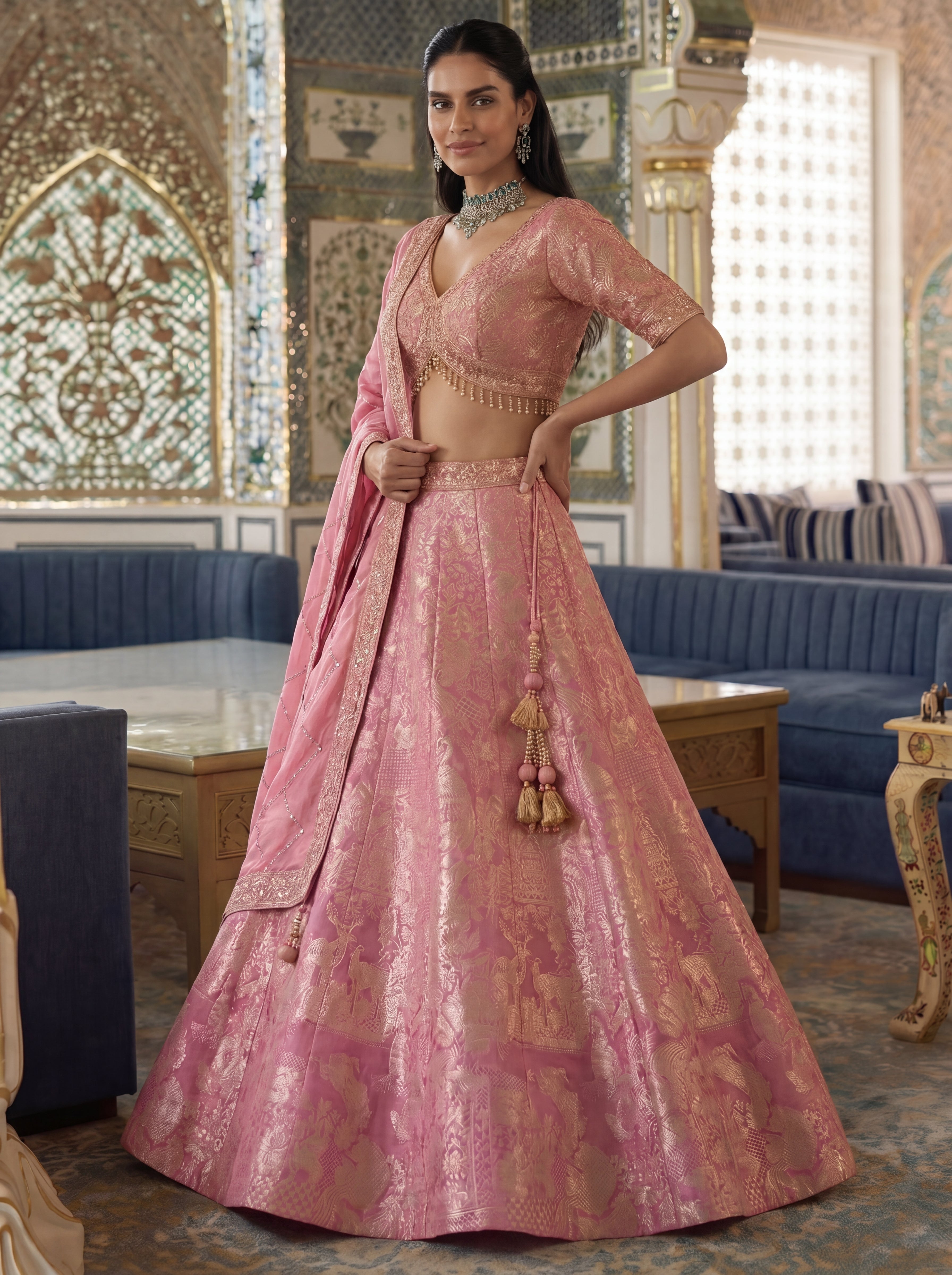 Rose Pink Viscose Jacquard Weaving Bridal Lehenga Choli Set