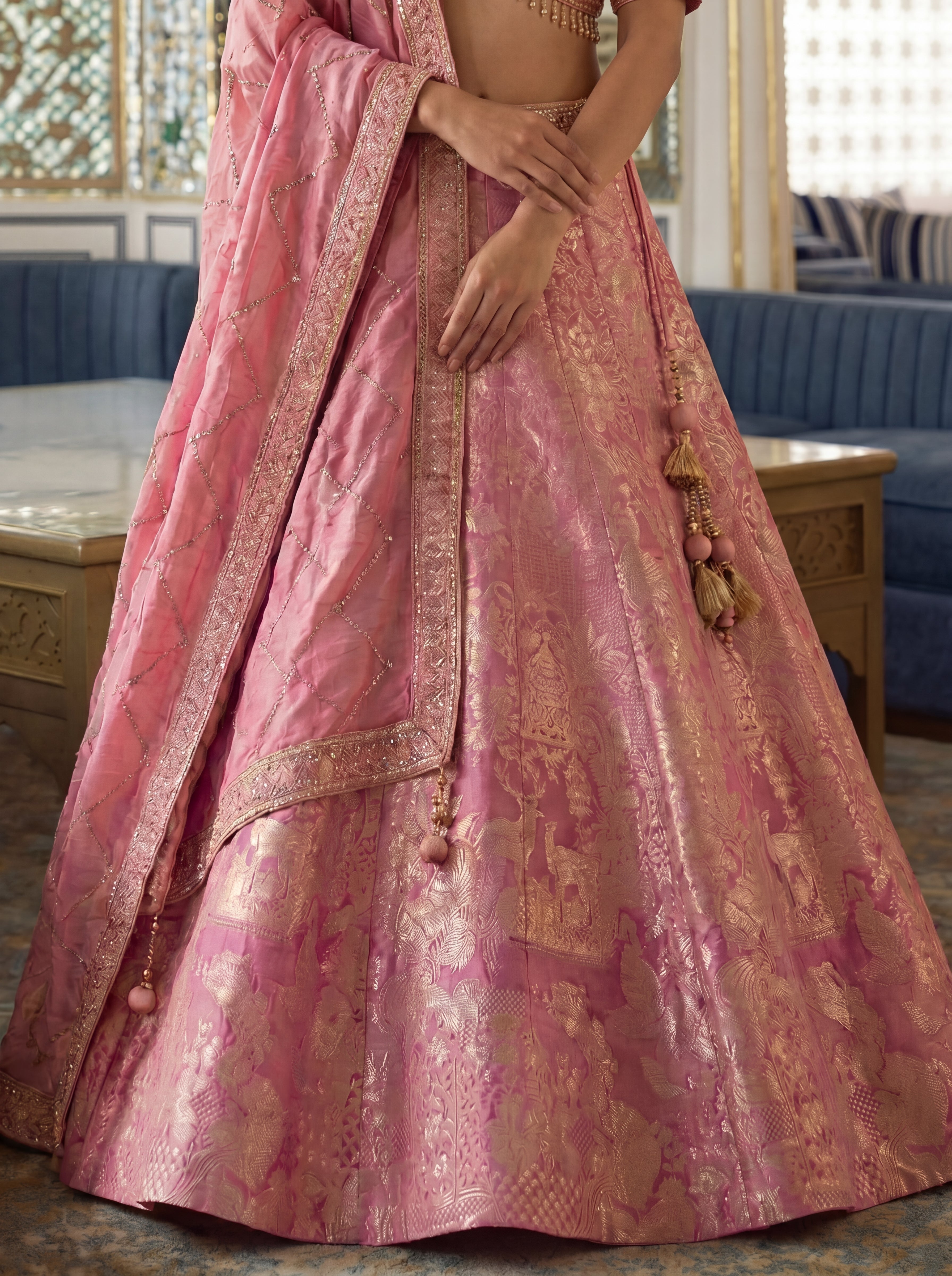 Rose Pink Viscose Jacquard Weaving Bridal Lehenga Choli Set