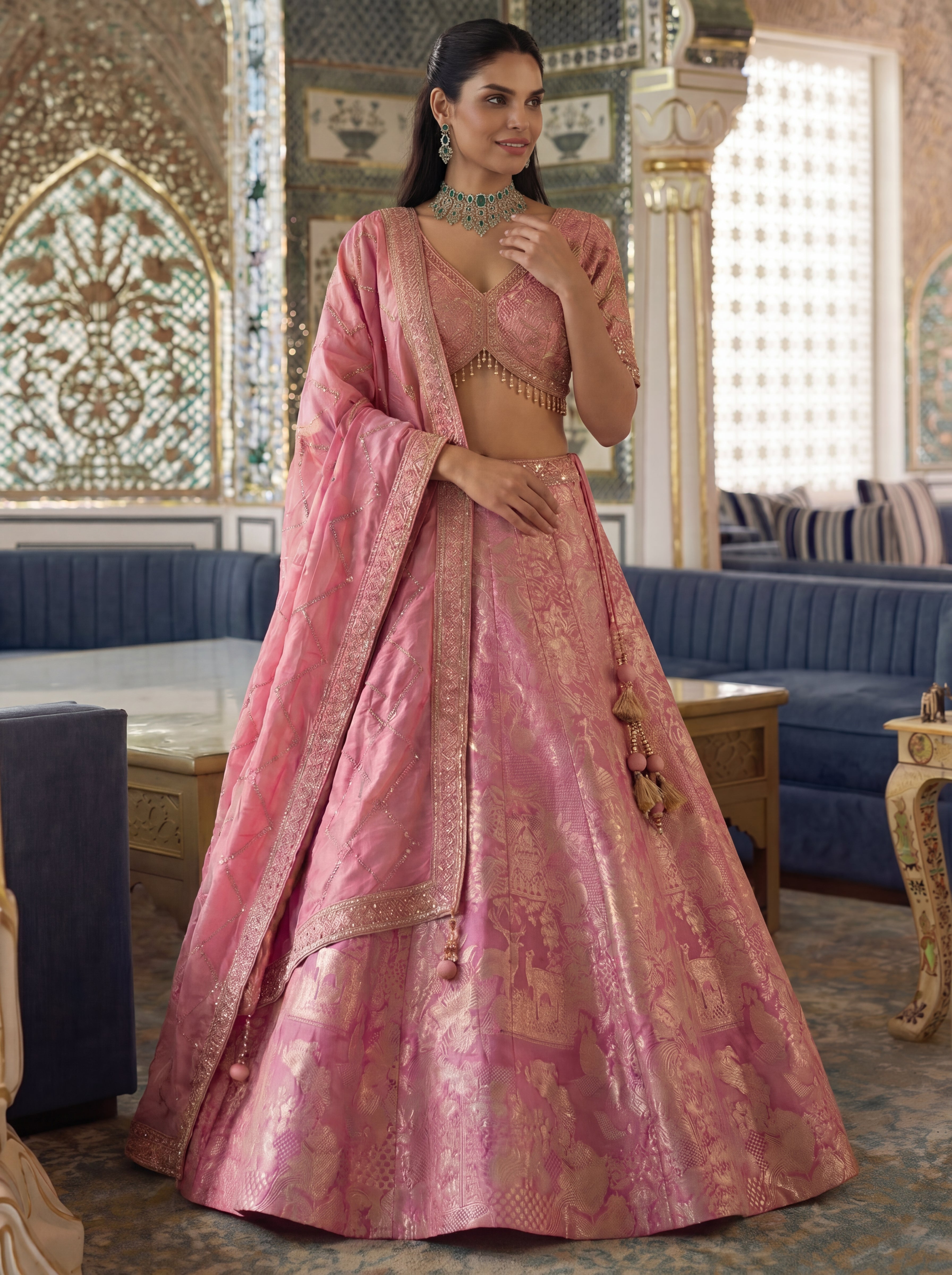 Rose Pink Viscose Jacquard Weaving Bridal Lehenga Choli Set