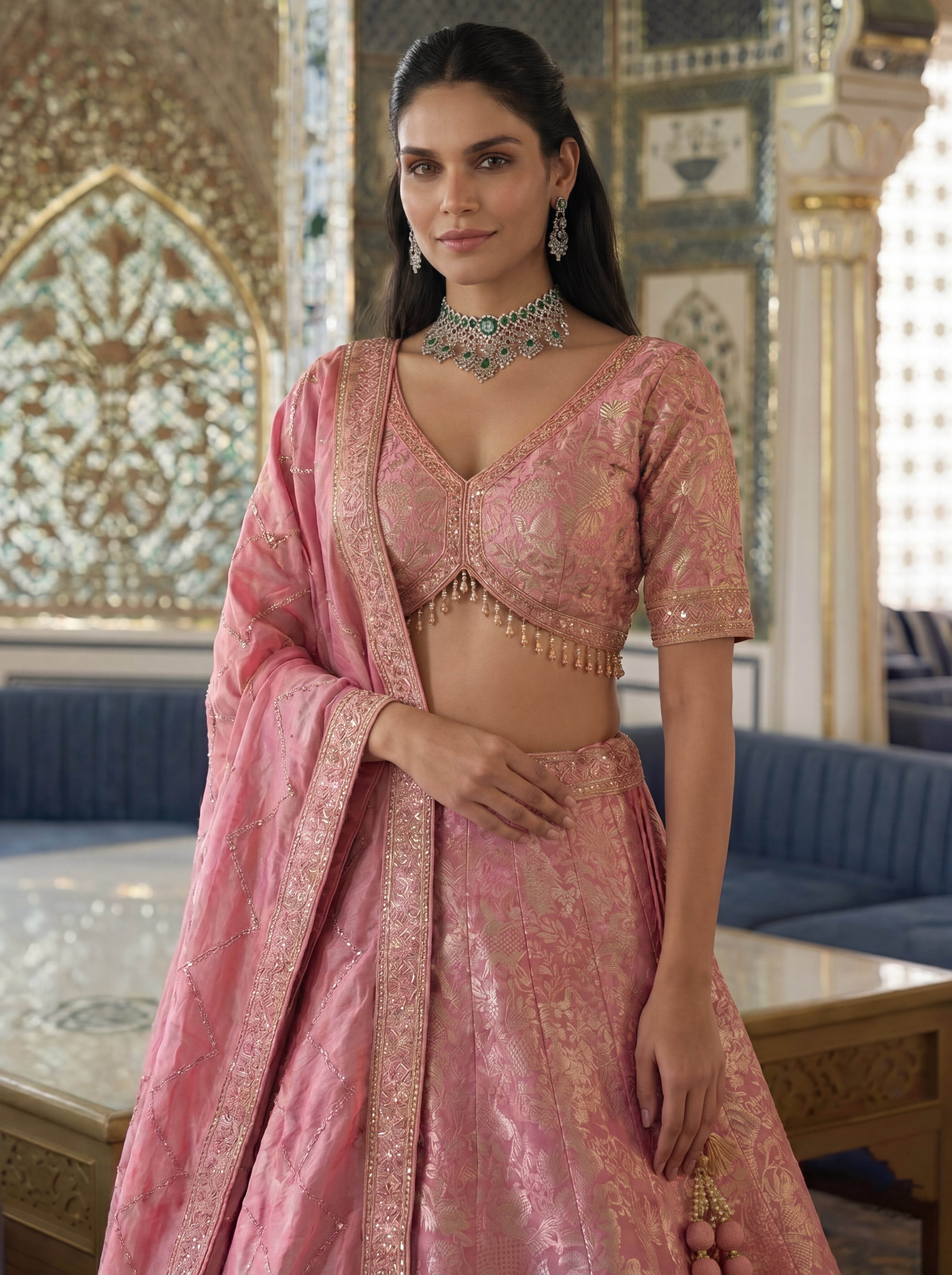 Rose Pink Viscose Jacquard Weaving Bridal Lehenga Choli Set
