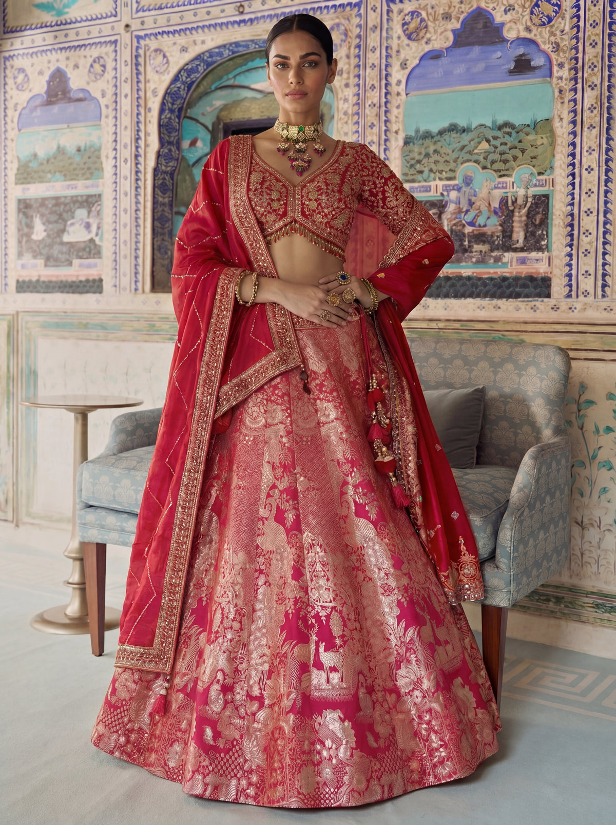 Pink Viscose Jacquard Weaving Bridal Lehenga Choli Set
