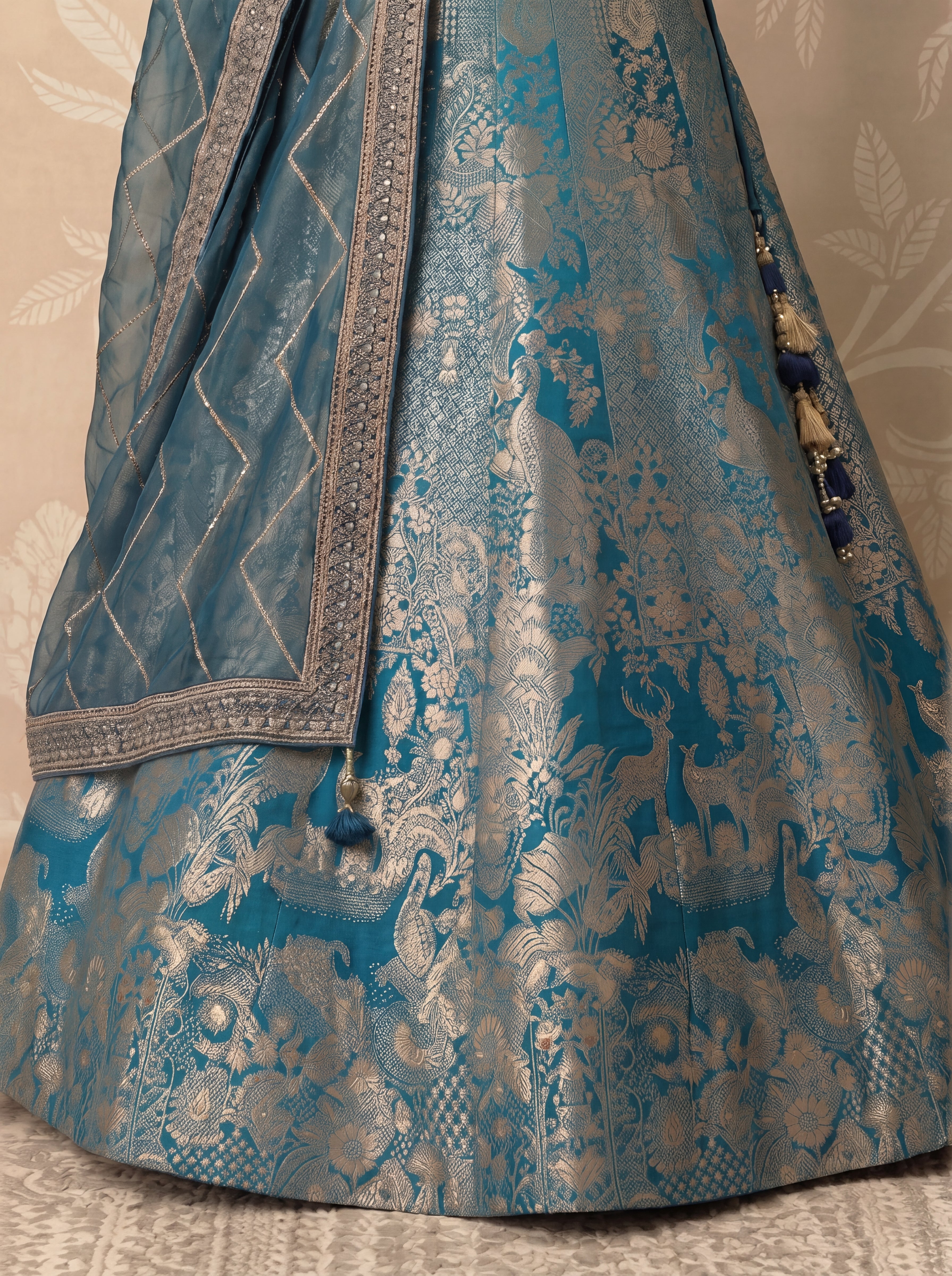 Teal Blue Viscose Jacquard Weaving Wedding Lehenga Choli Set