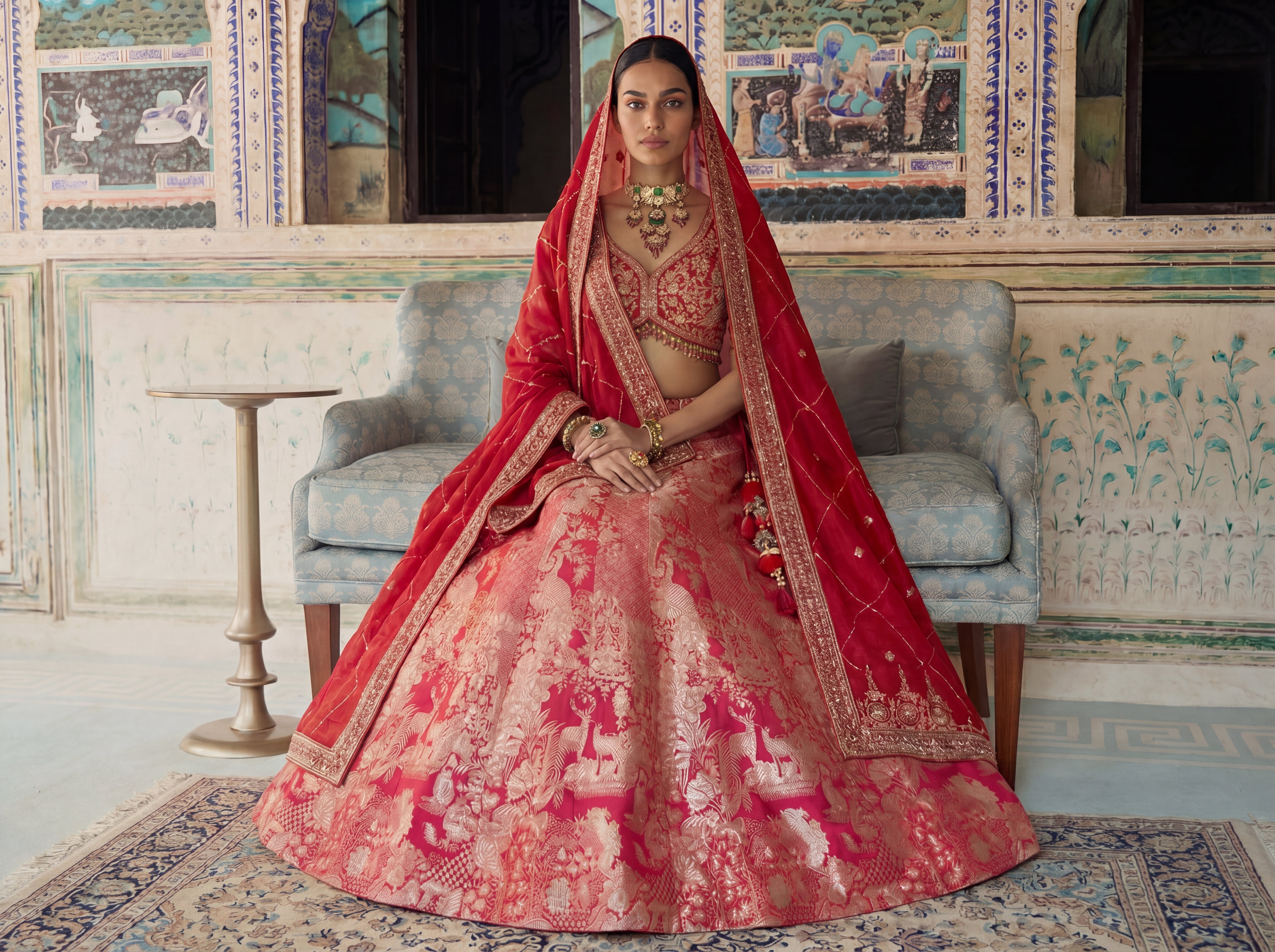 Pink Viscose Jacquard Weaving Bridal Lehenga Choli Set