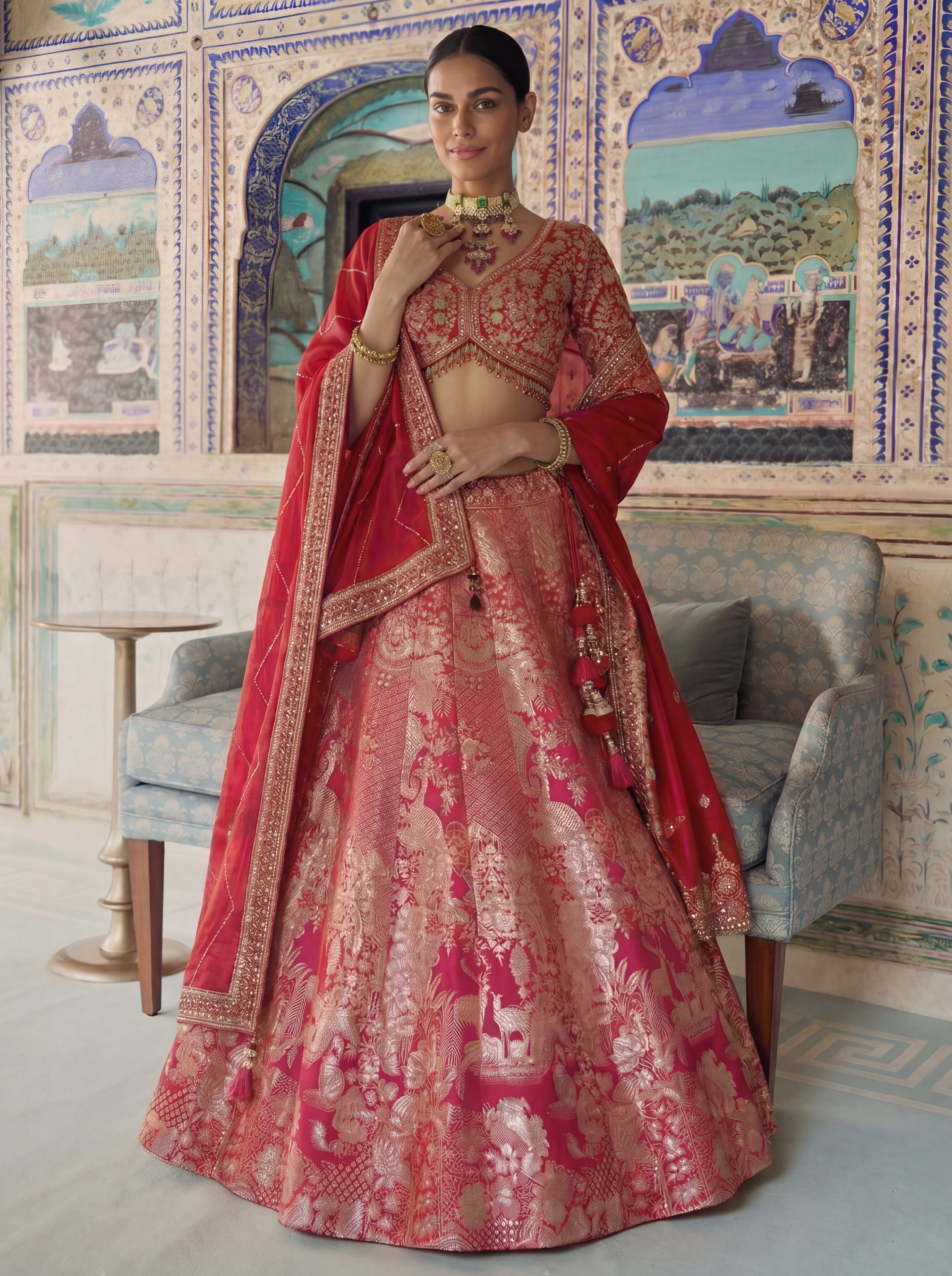 Pink Viscose Jacquard Weaving Bridal Lehenga Choli Set