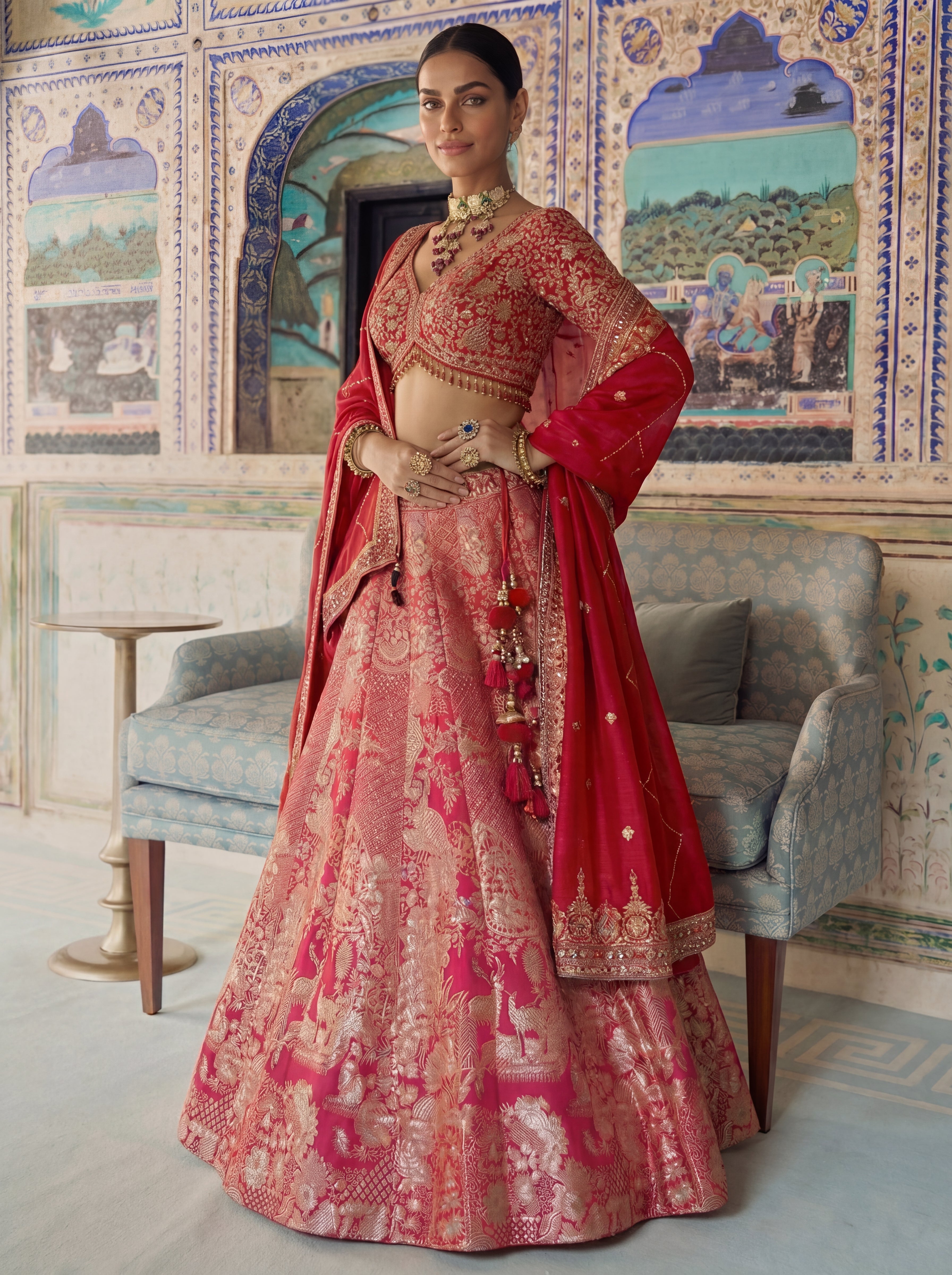 Pink Viscose Jacquard Weaving Bridal Lehenga Choli Set