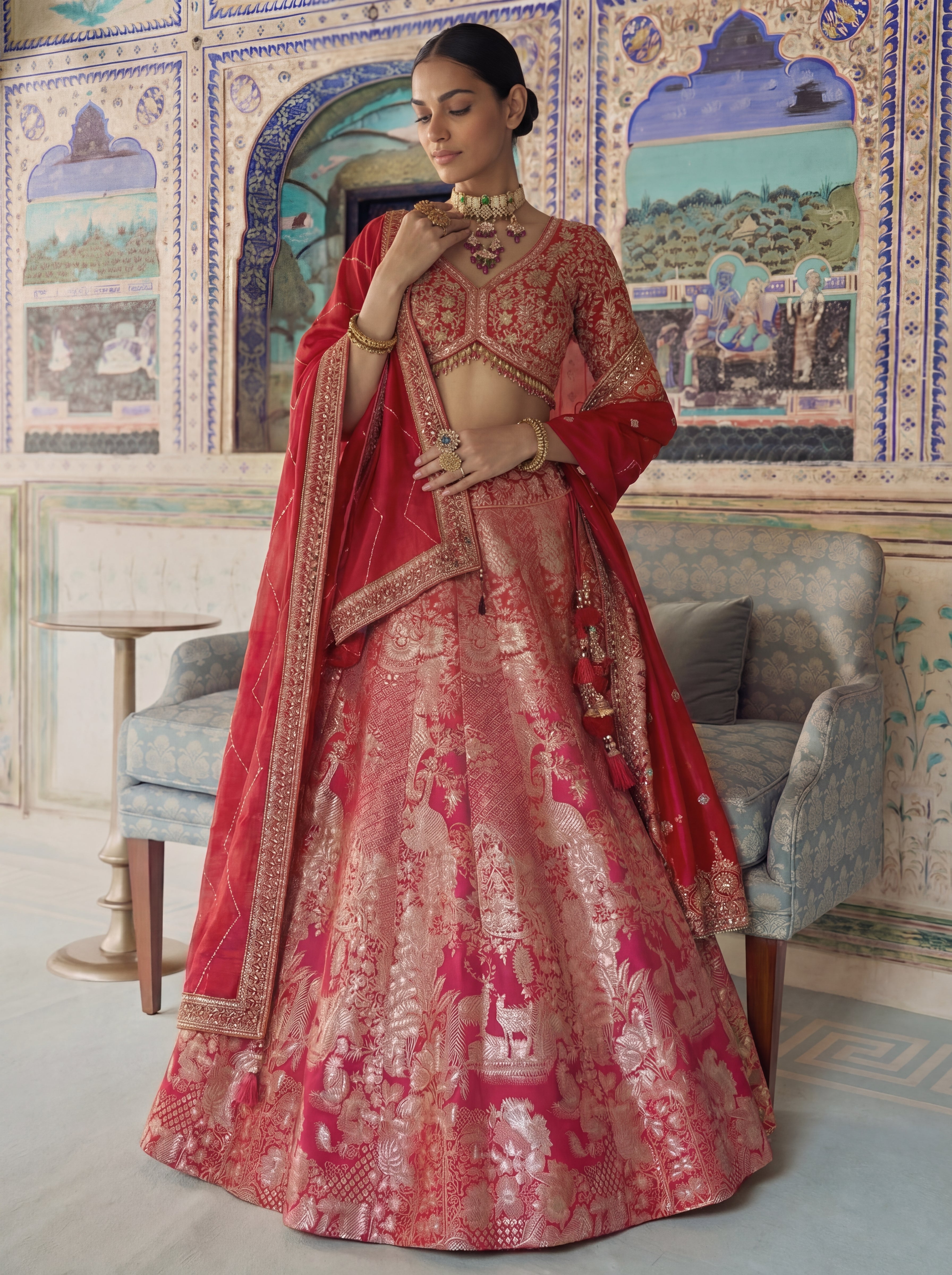 Pink Viscose Jacquard Weaving Bridal Lehenga Choli Set