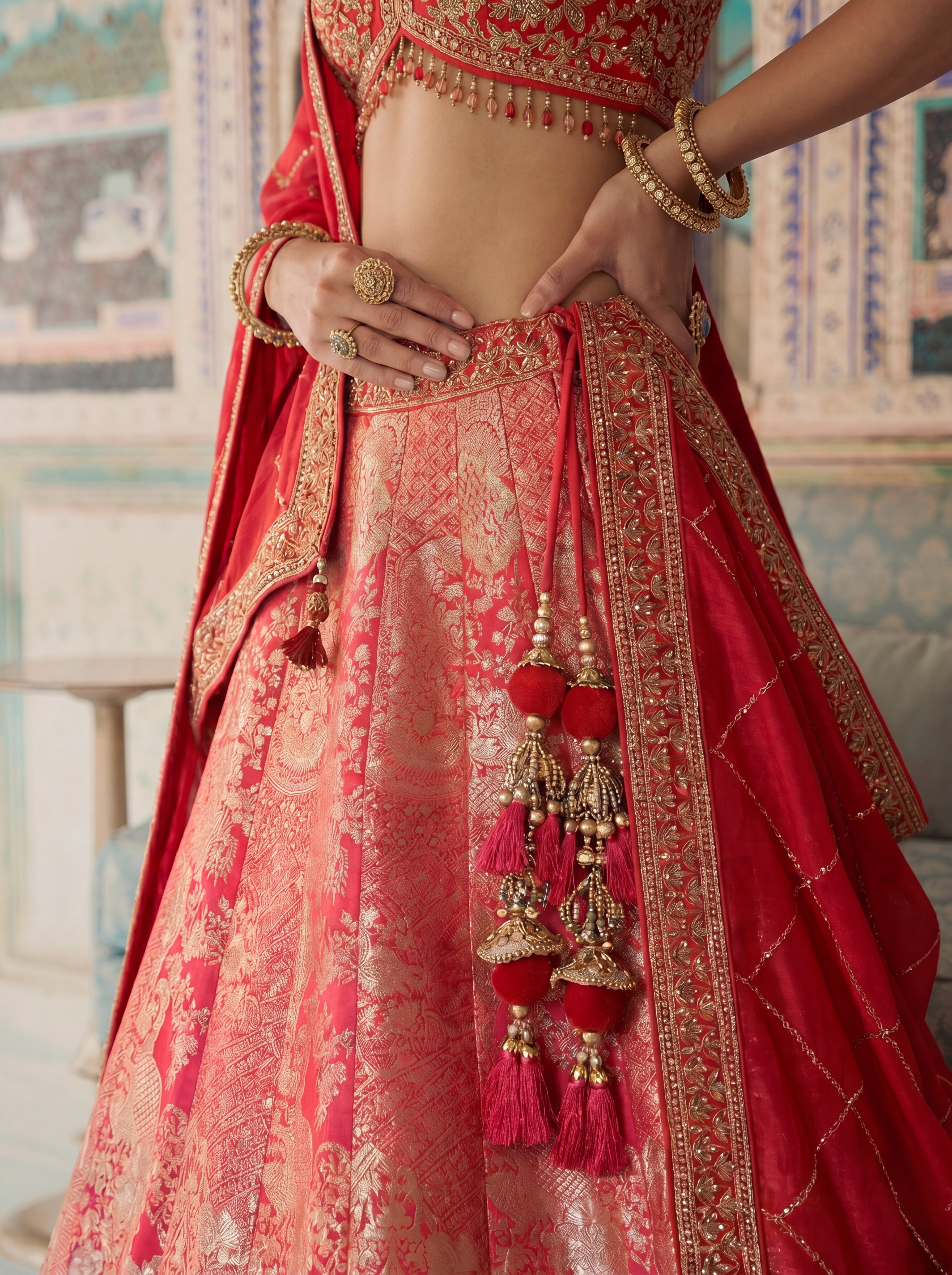 Pink Viscose Jacquard Weaving Bridal Lehenga Choli Set
