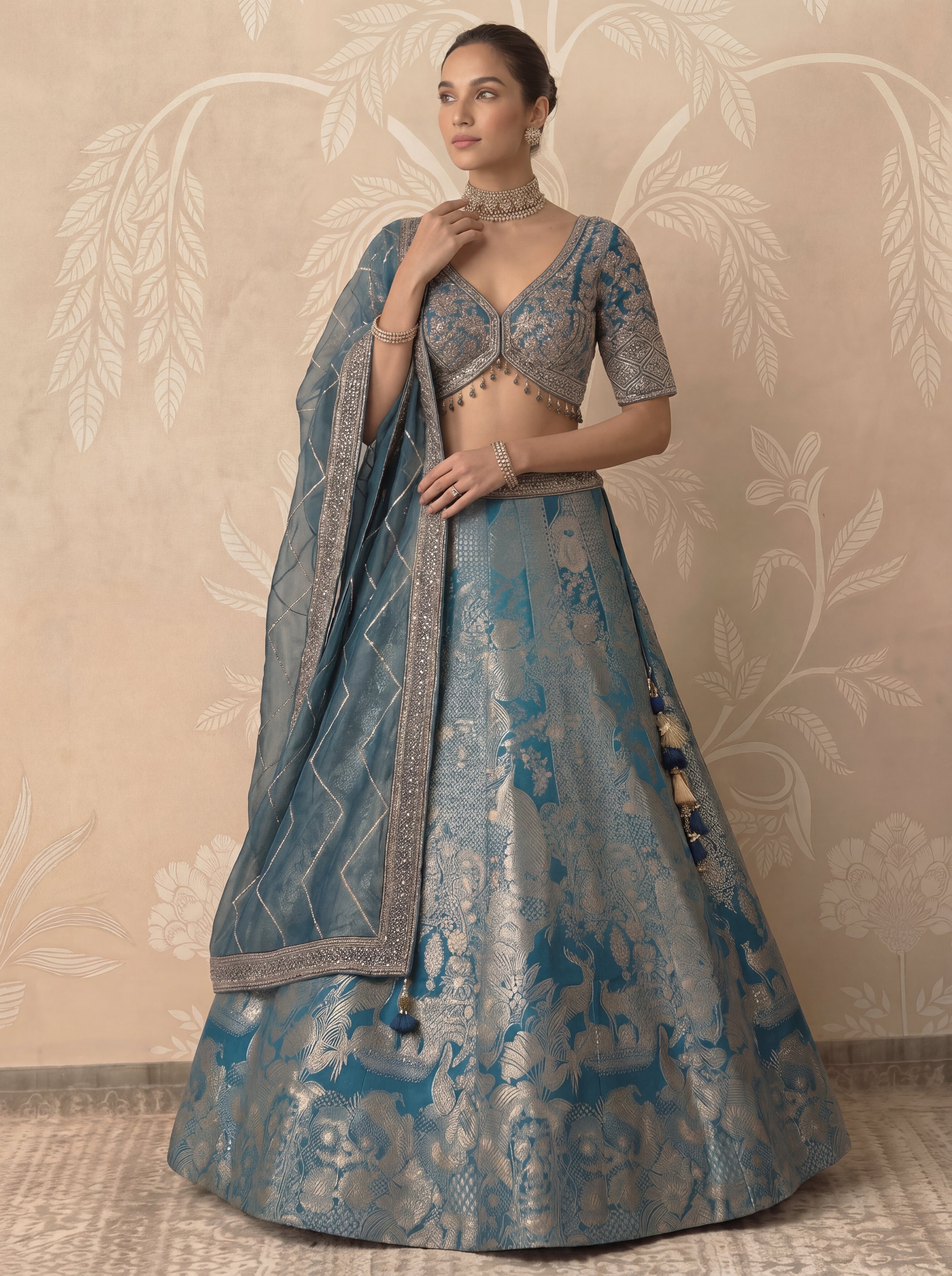 Teal Blue Viscose Jacquard Weaving Wedding Lehenga Choli Set