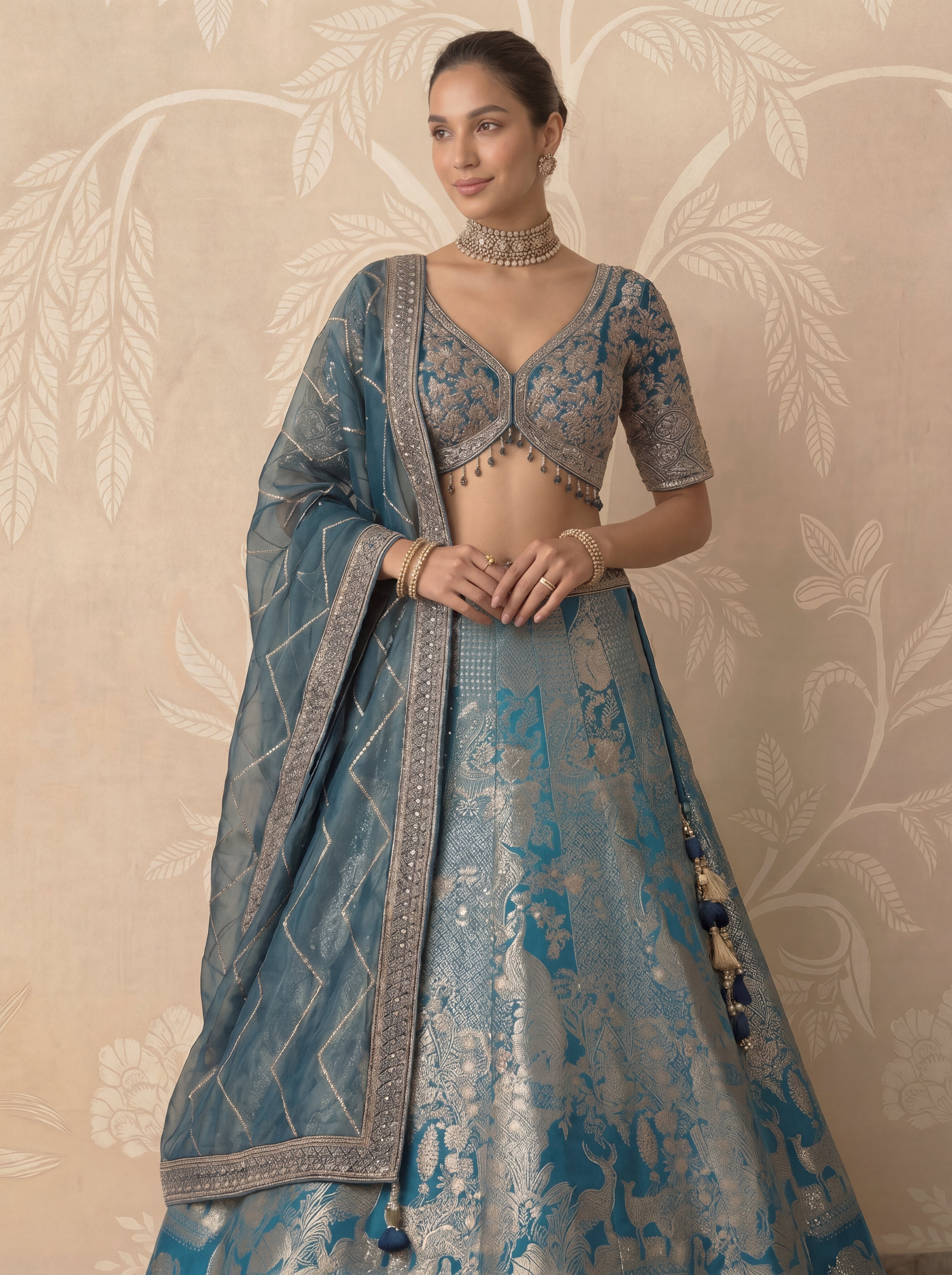 Teal Blue Viscose Jacquard Weaving Wedding Lehenga Choli Set