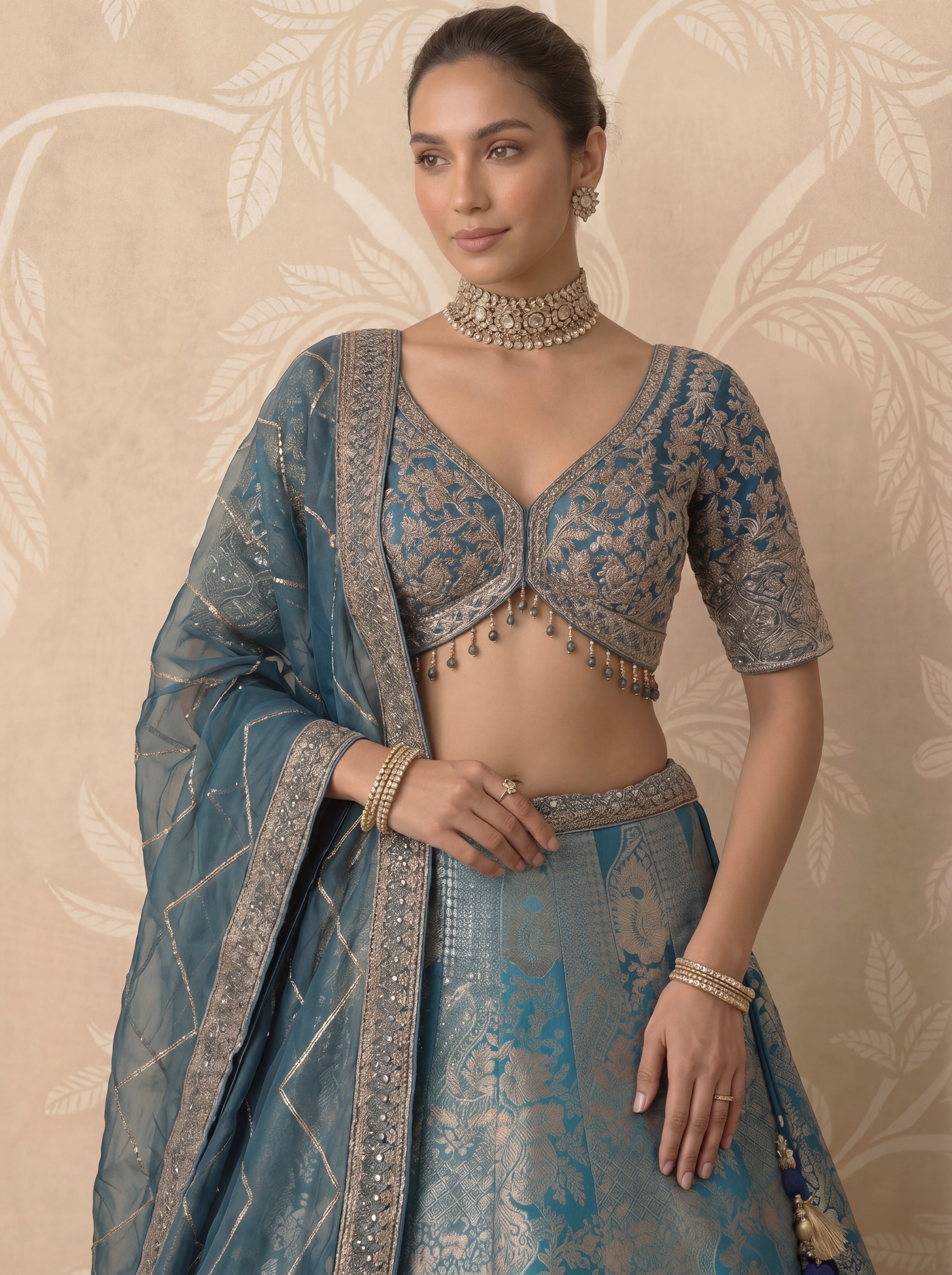 Teal Blue Viscose Jacquard Weaving Wedding Lehenga Choli Set