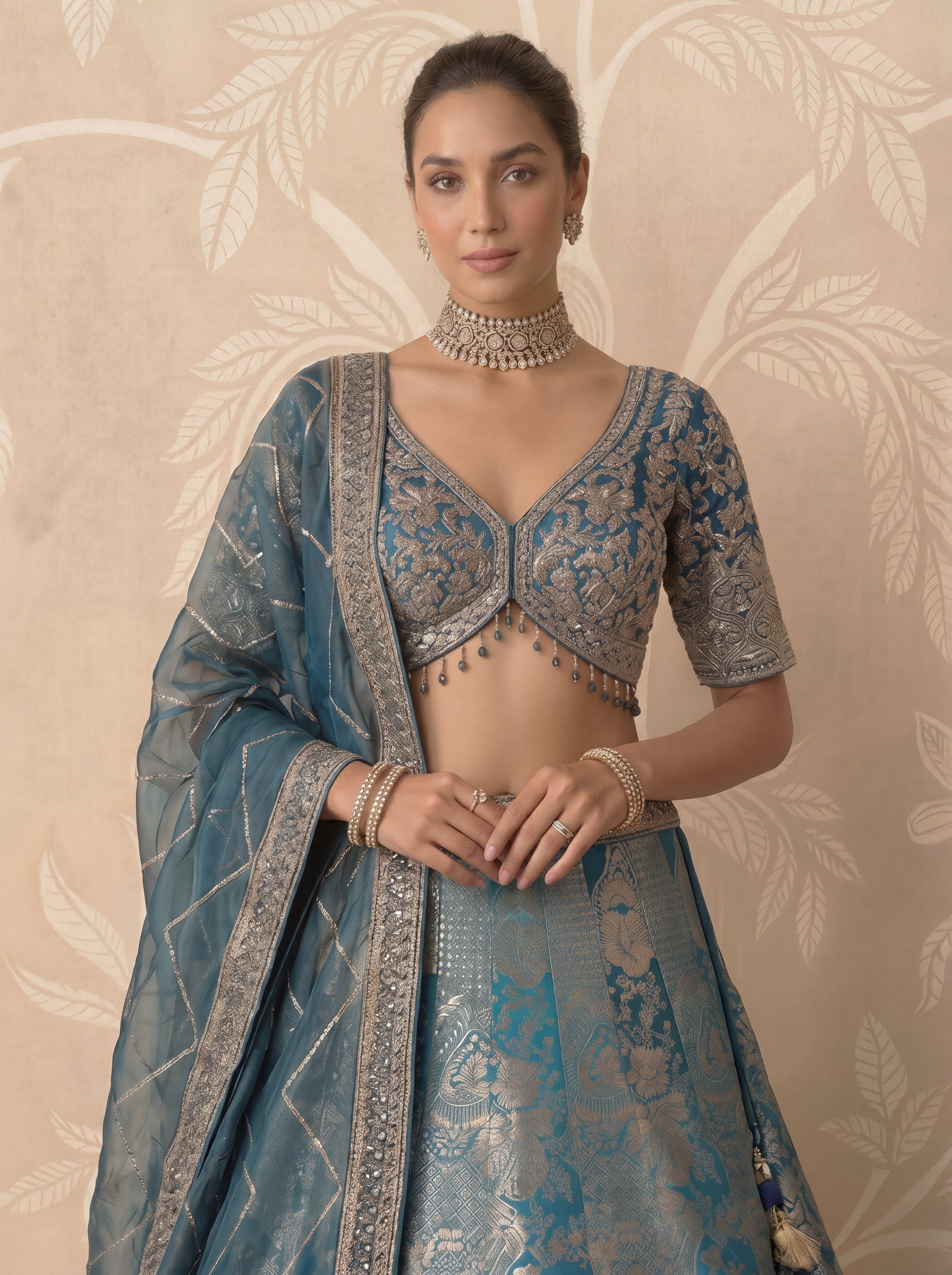 Teal Blue Viscose Jacquard Weaving Wedding Lehenga Choli Set