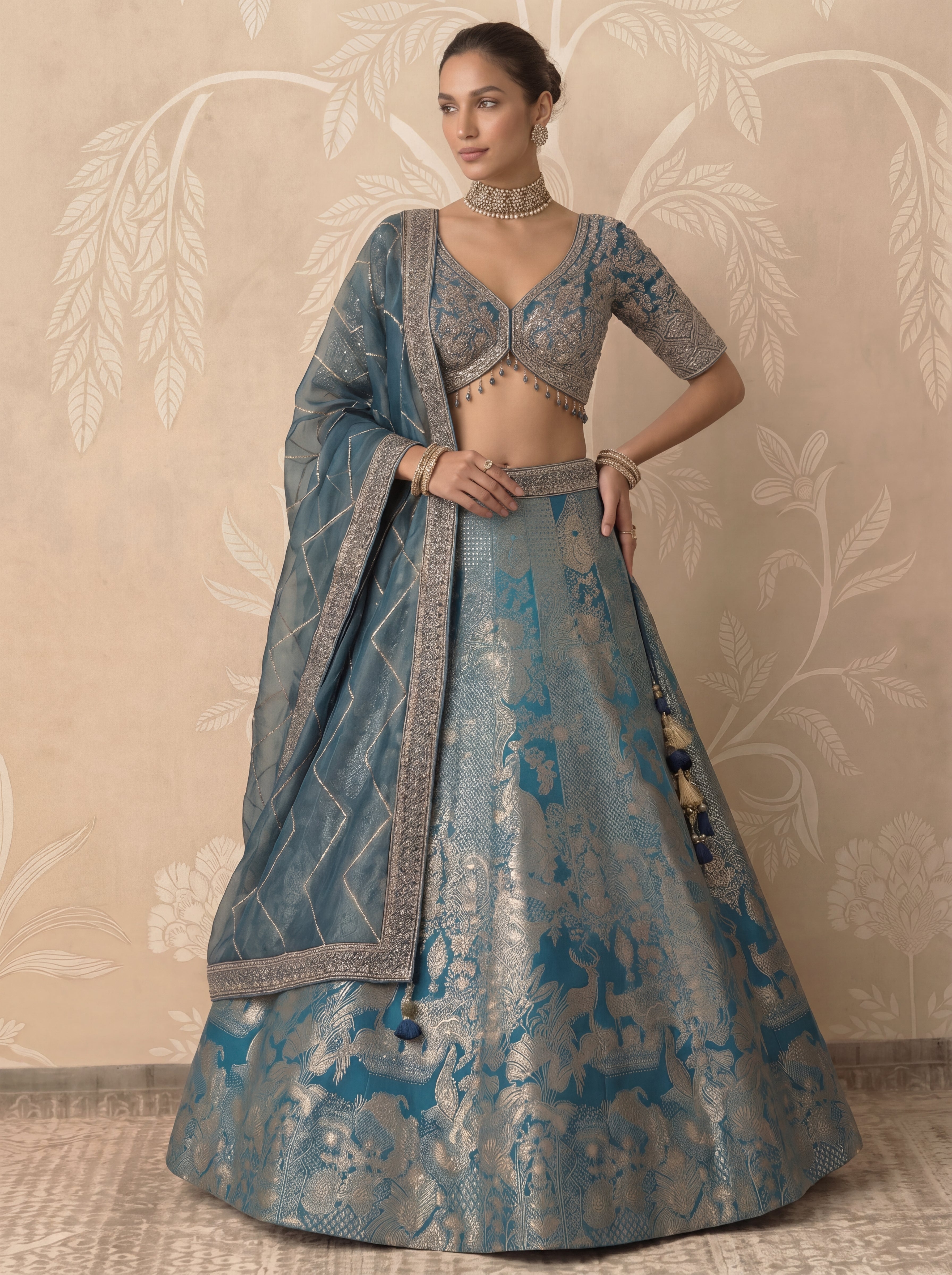 Teal Blue Viscose Jacquard Weaving Wedding Lehenga Choli Set