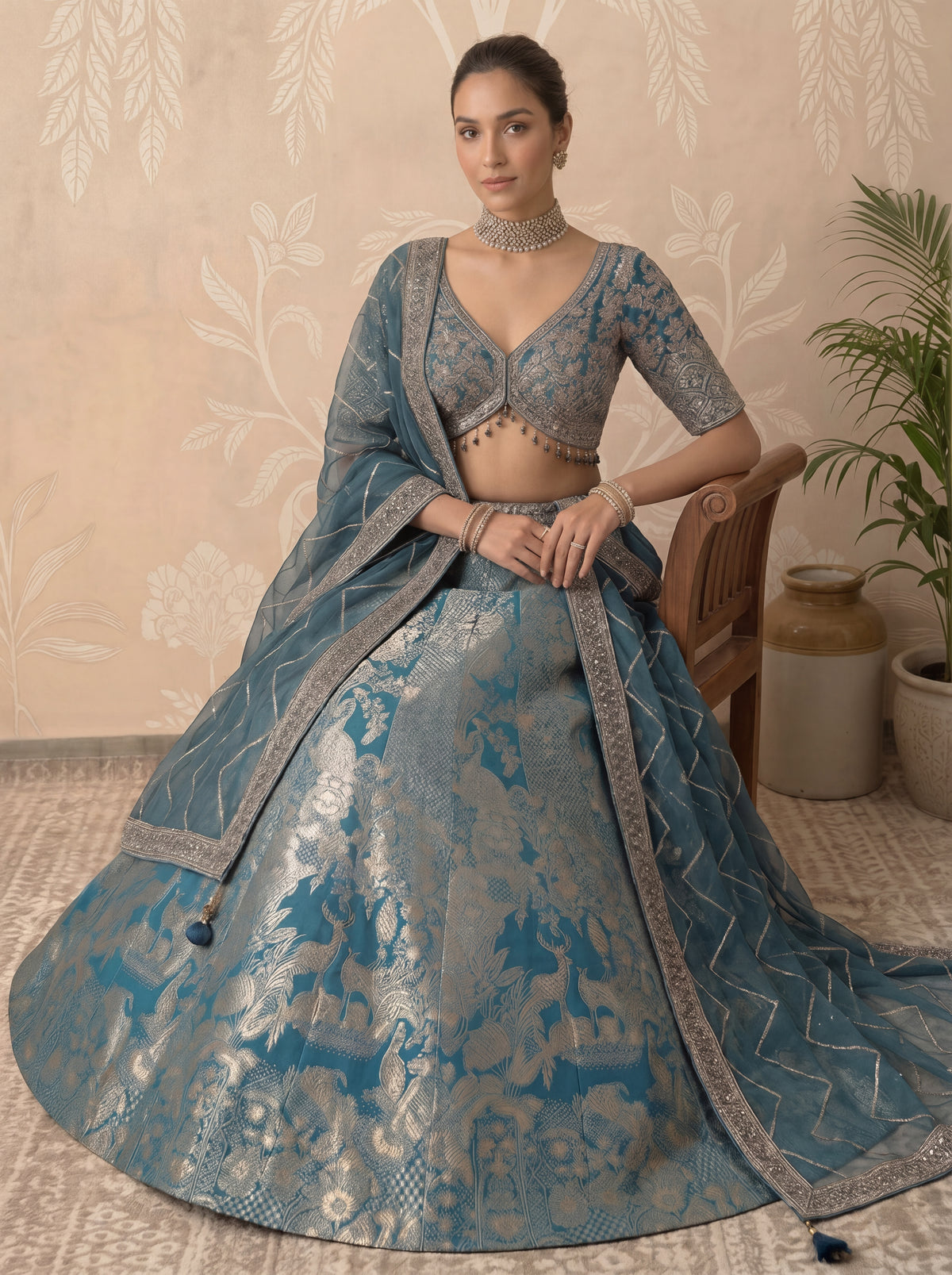 Teal Blue Viscose Jacquard Weaving Wedding Lehenga Choli Set