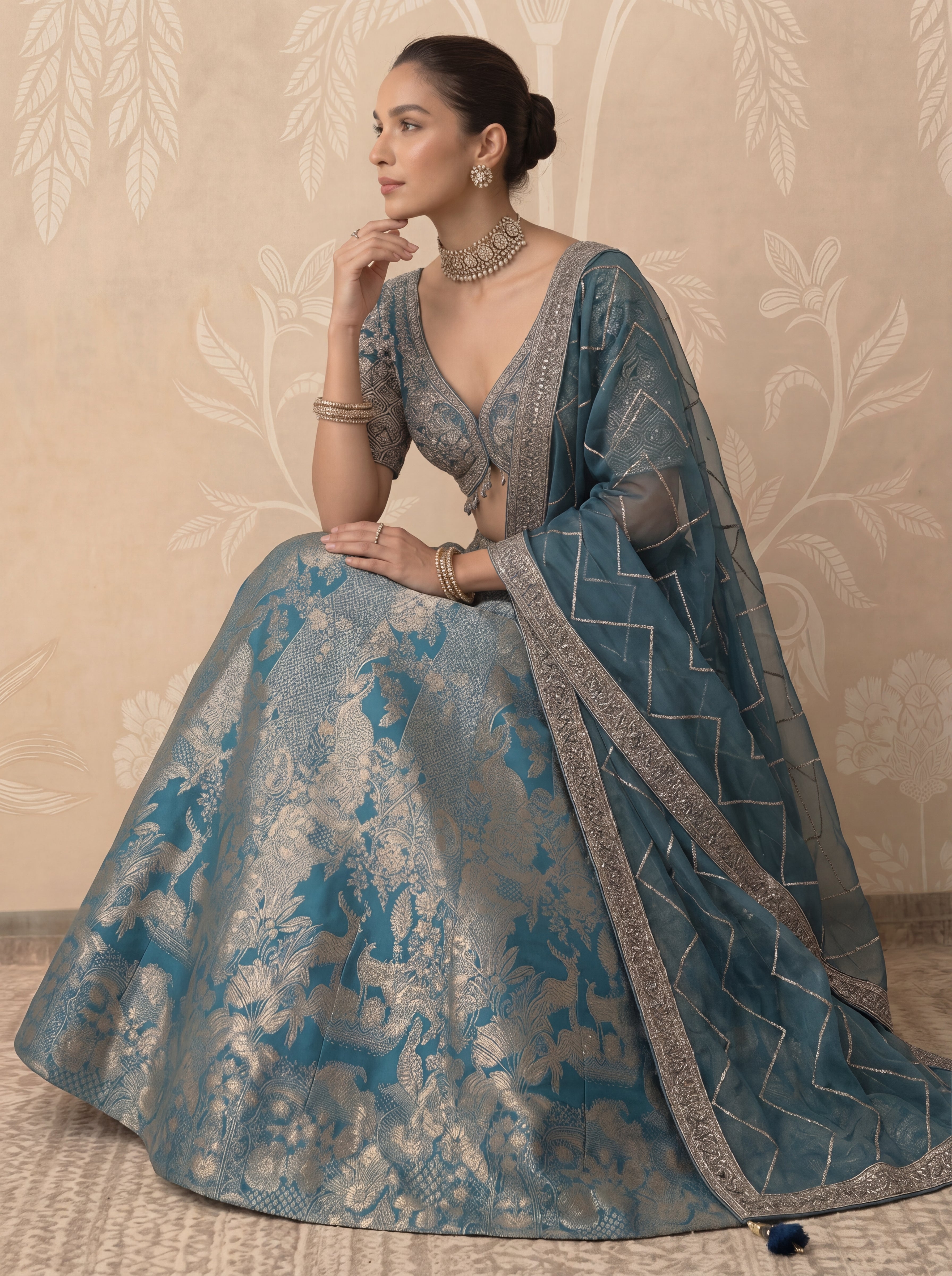 Teal Blue Viscose Jacquard Weaving Wedding Lehenga Choli Set
