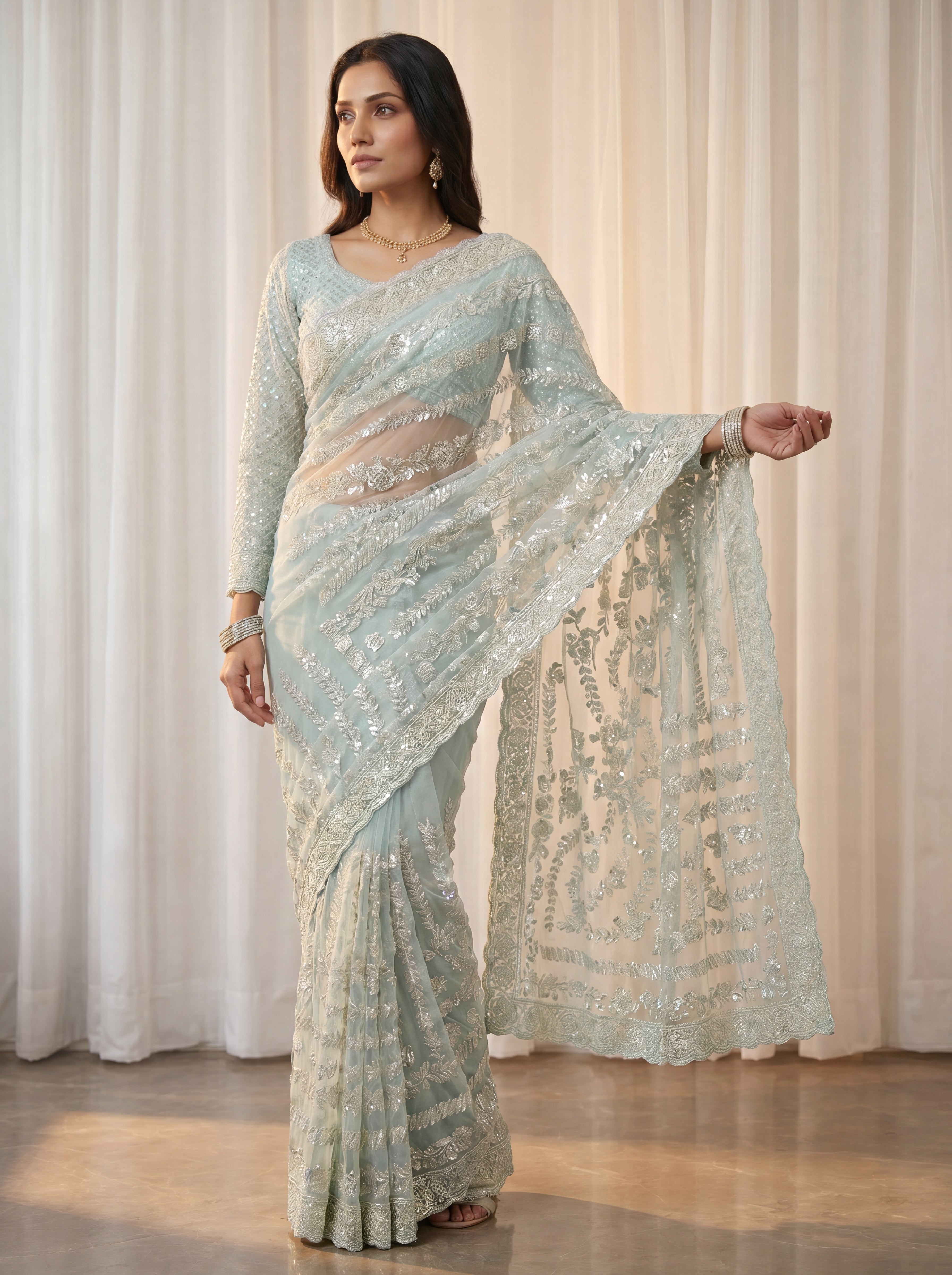 Designer Firozi Embroidered Saree with Detailed Handwork