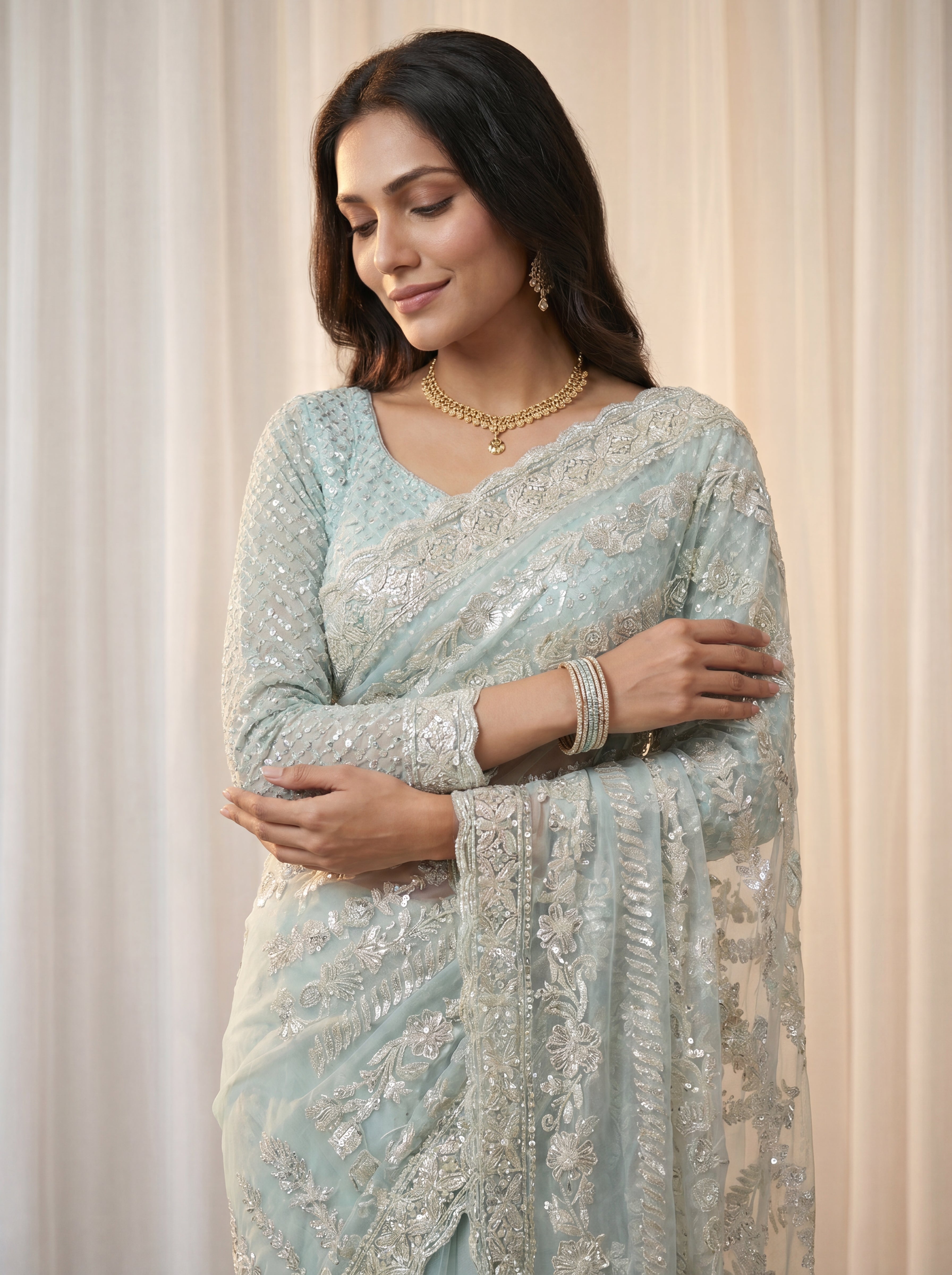 Designer Firozi Embroidered Saree with Detailed Handwork