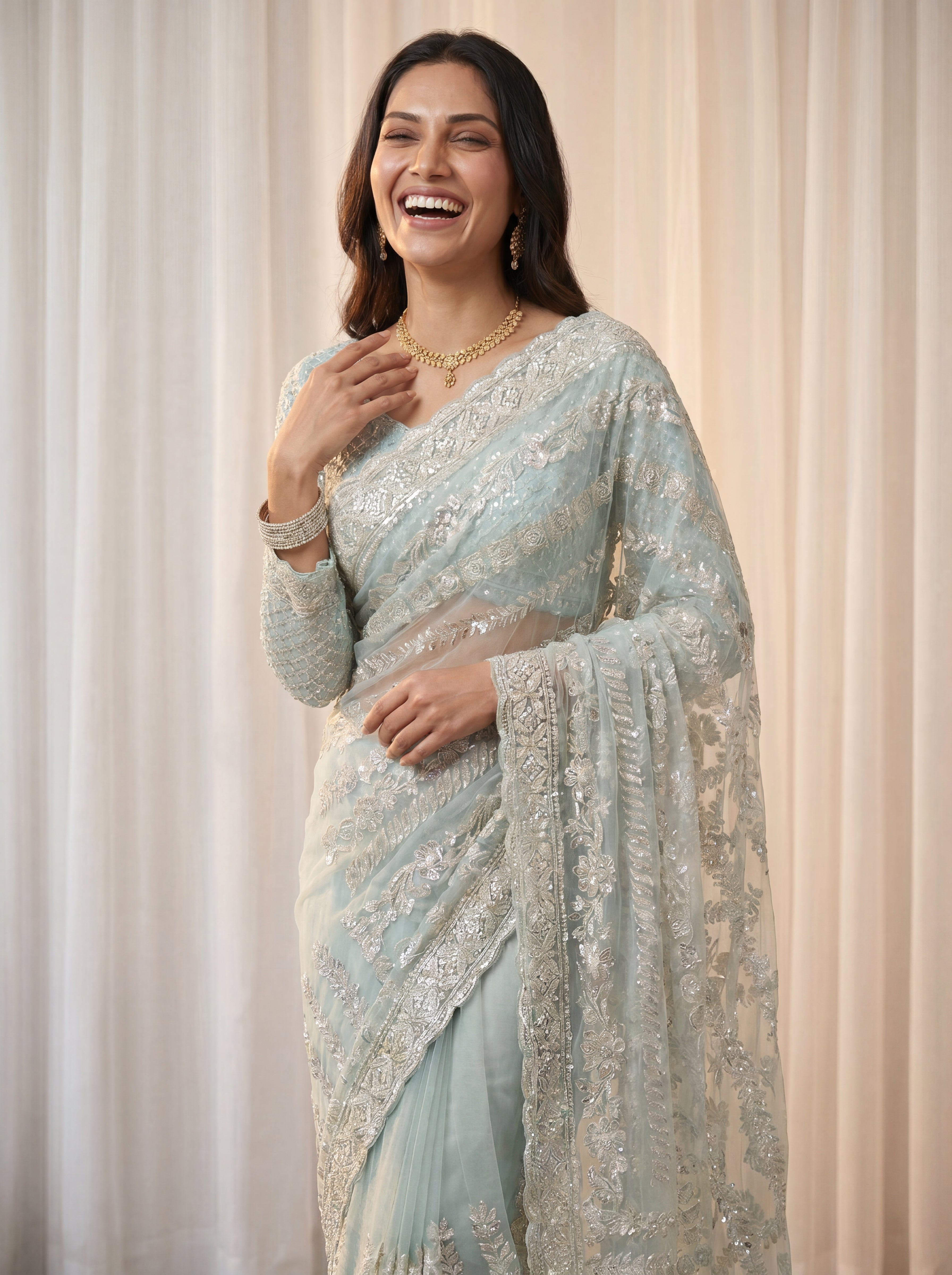 Designer Firozi Embroidered Saree with Detailed Handwork