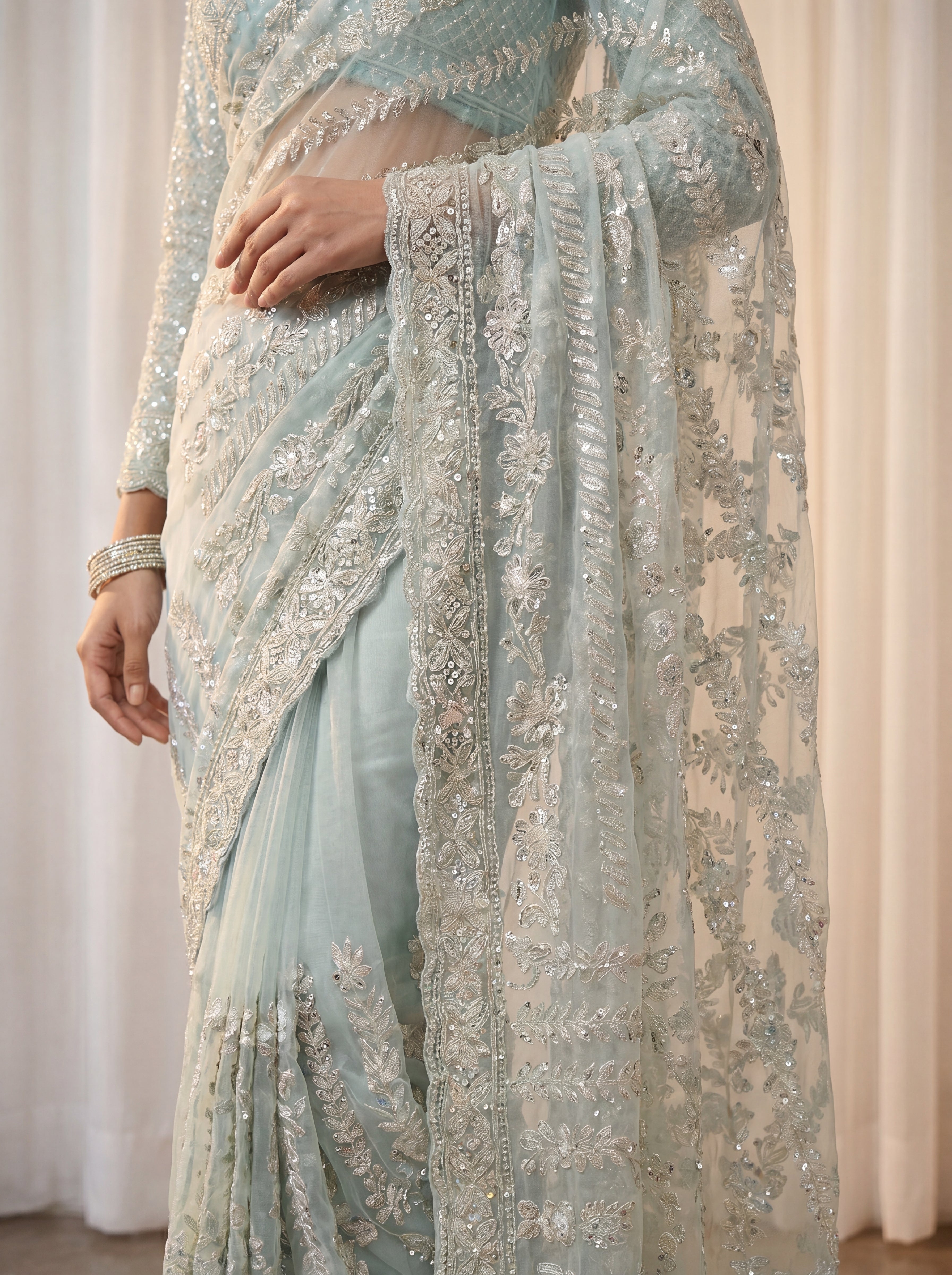 Designer Firozi Embroidered Saree with Detailed Handwork