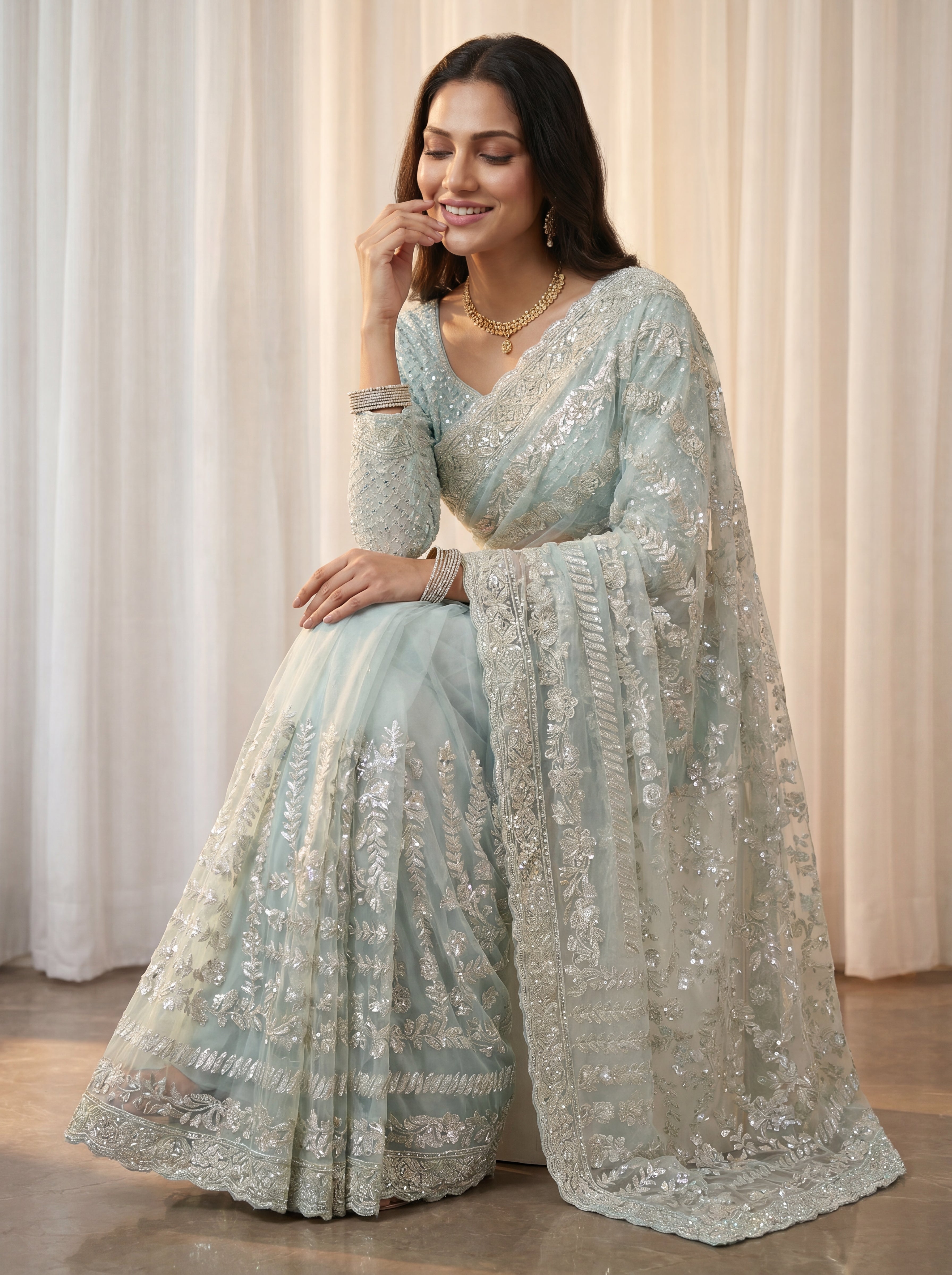 Designer Firozi Embroidered Saree with Detailed Handwork