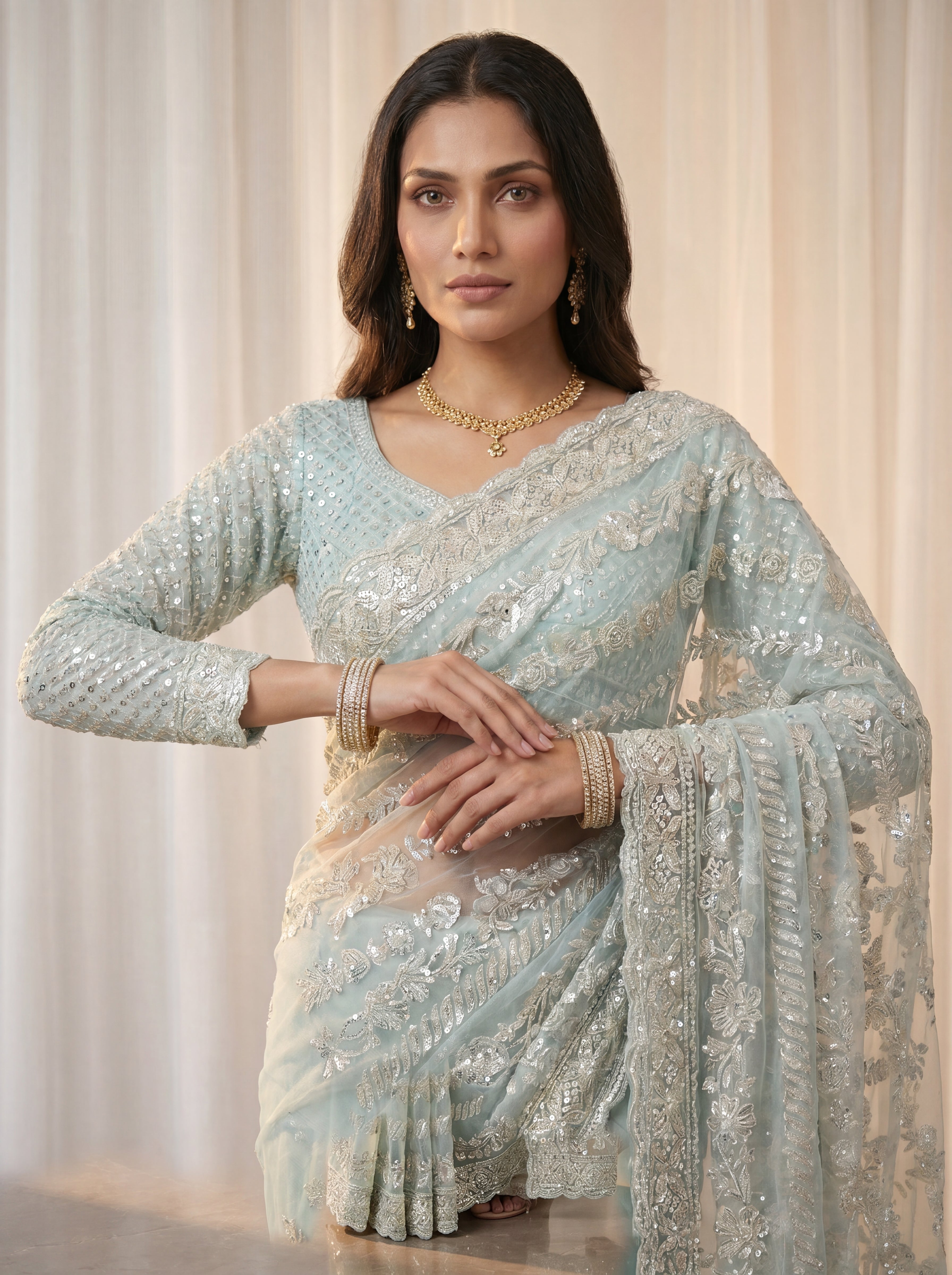 Designer Firozi Embroidered Saree with Detailed Handwork