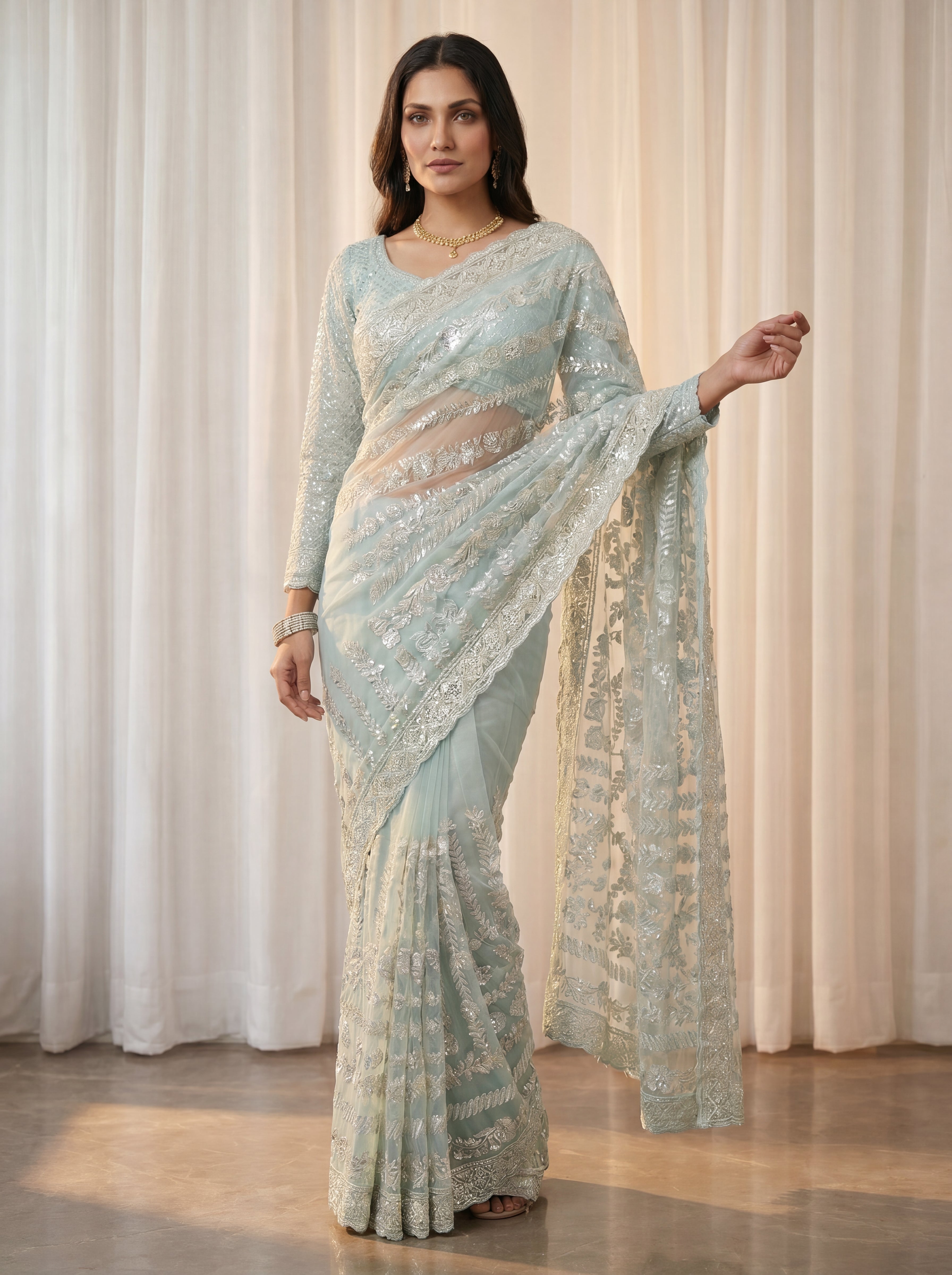 Designer Firozi Embroidered Saree with Detailed Handwork