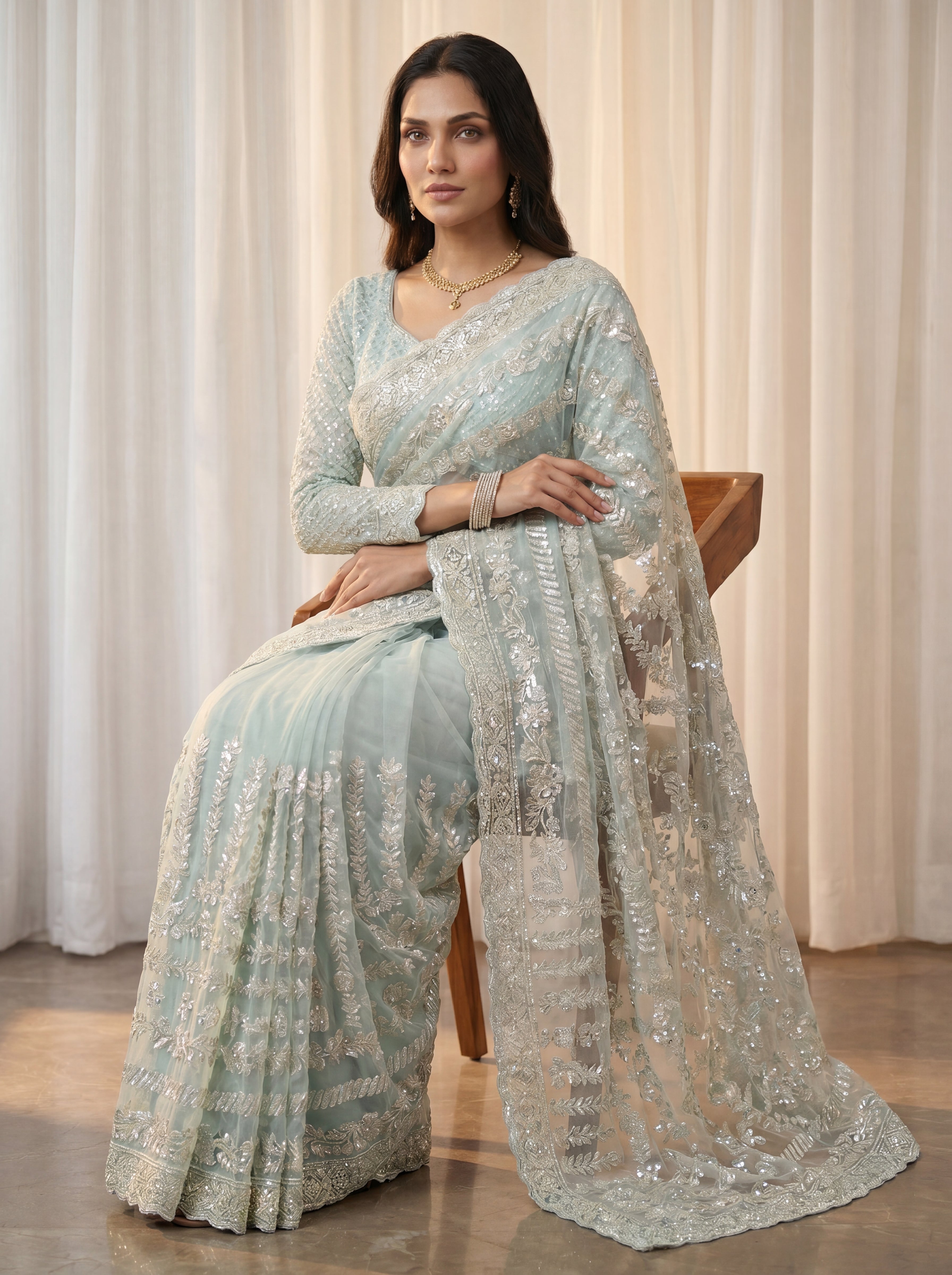 Designer Firozi Embroidered Saree with Detailed Handwork
