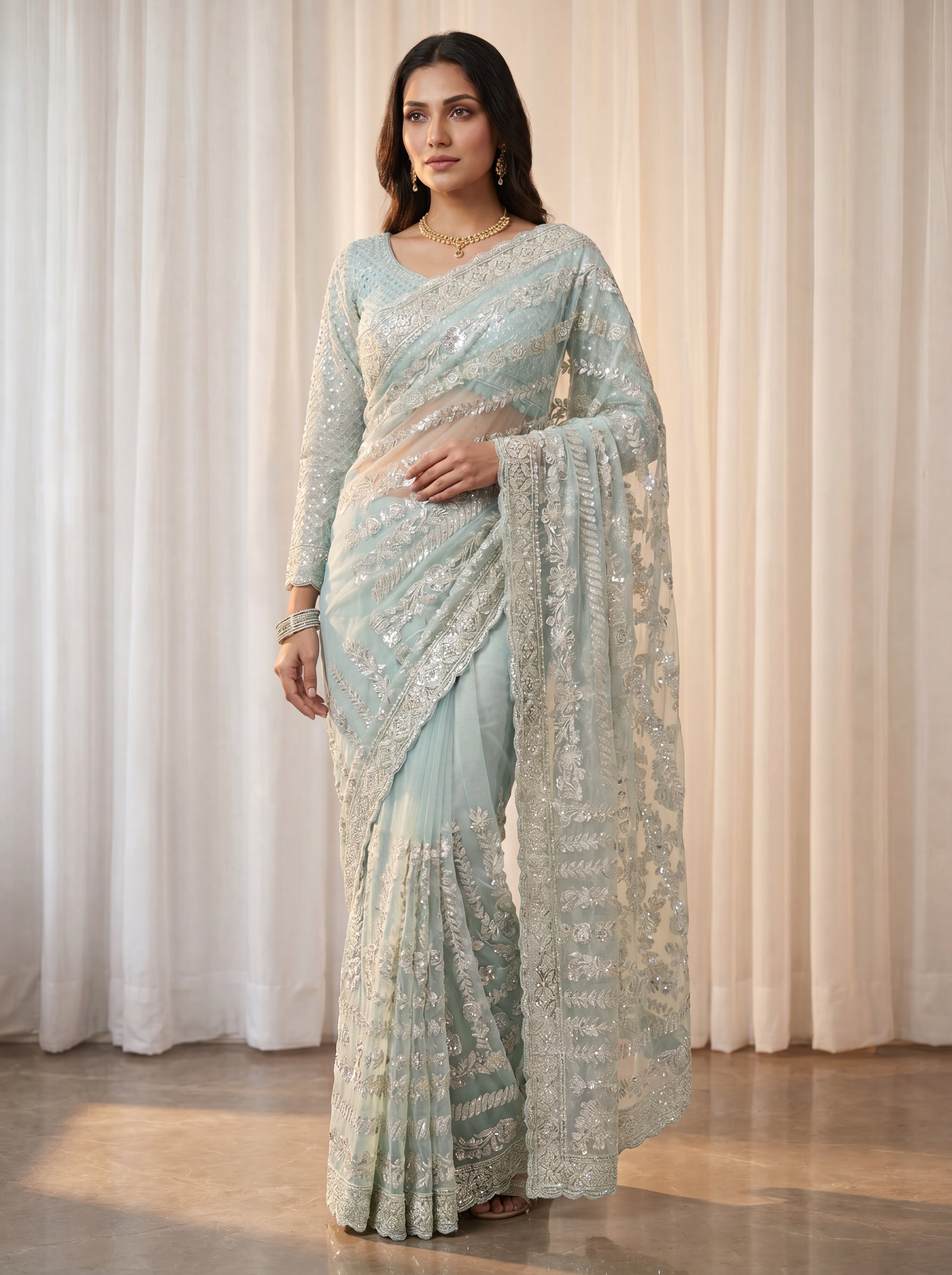 Designer Firozi Embroidered Saree with Detailed Handwork