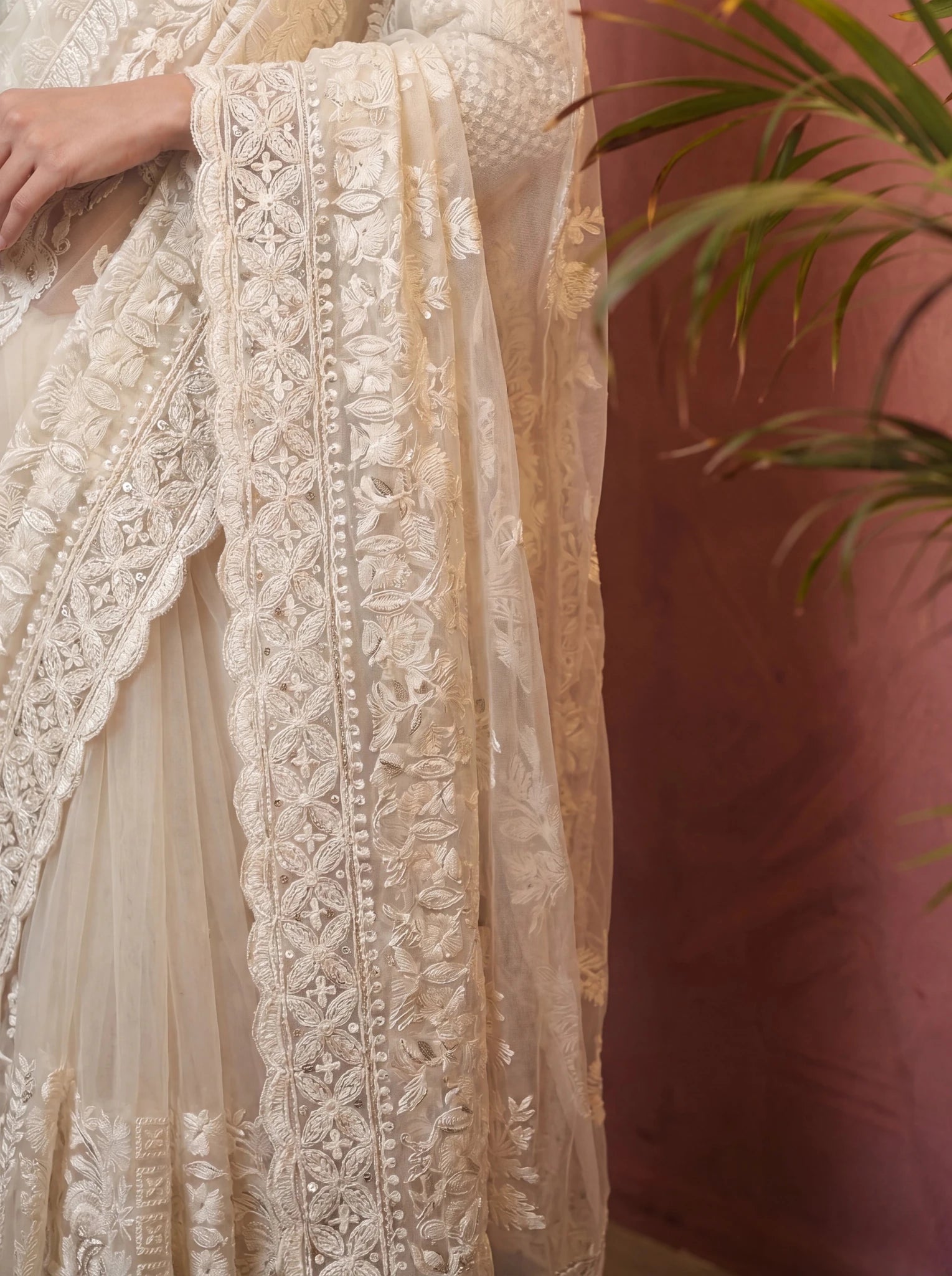 Designer Off - White Embroidered Saree with Detailed Handwork - Zimonza