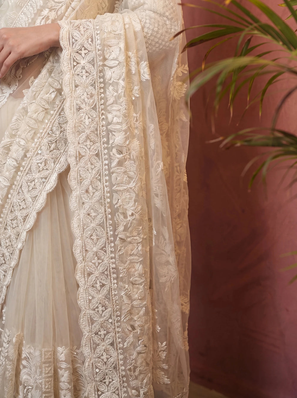 Designer Off - White Embroidered Saree with Detailed Handwork - Zimonza