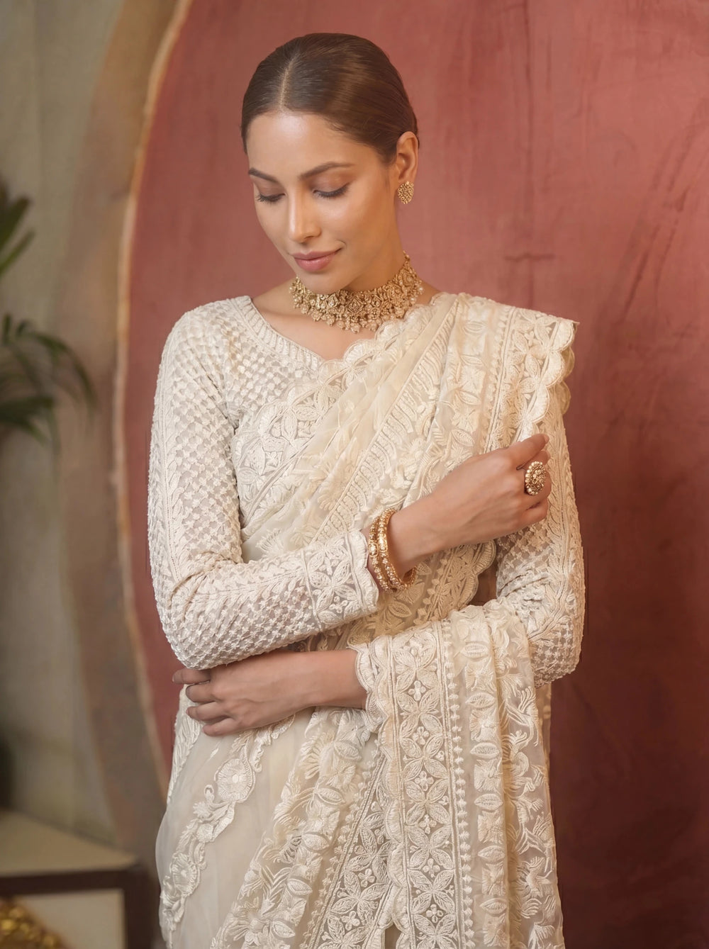 Designer Off - White Embroidered Saree with Detailed Handwork - Zimonza