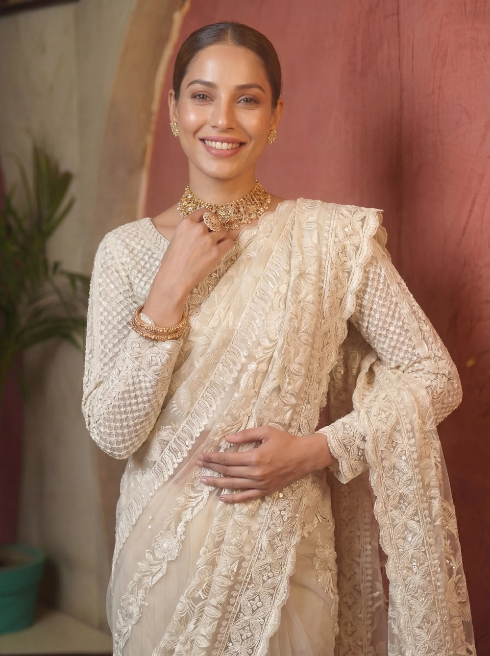 Designer Off - White Embroidered Saree with Detailed Handwork - Zimonza