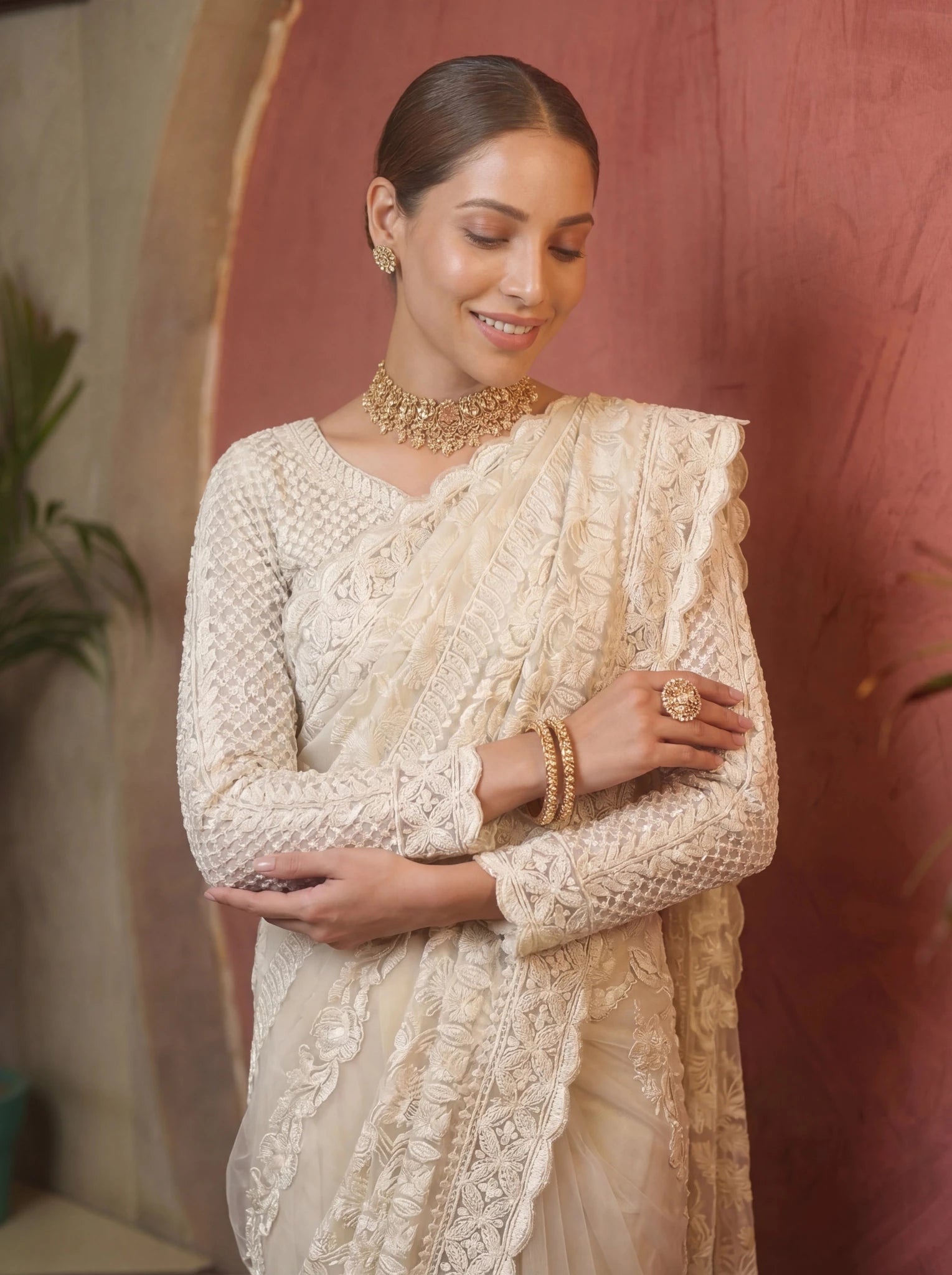 Designer Off - White Embroidered Saree with Detailed Handwork - Zimonza