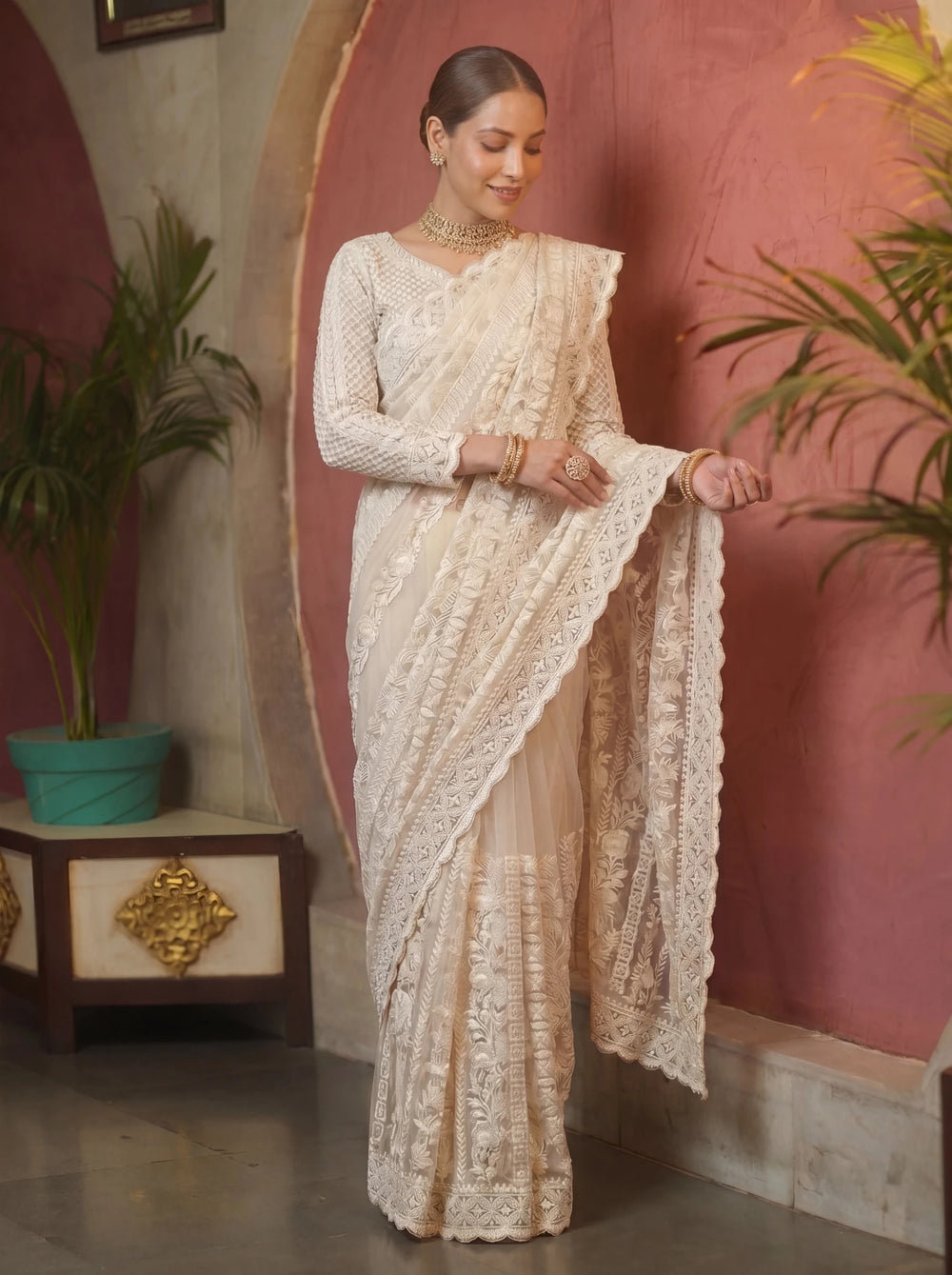 Designer Off - White Embroidered Saree with Detailed Handwork - Zimonza
