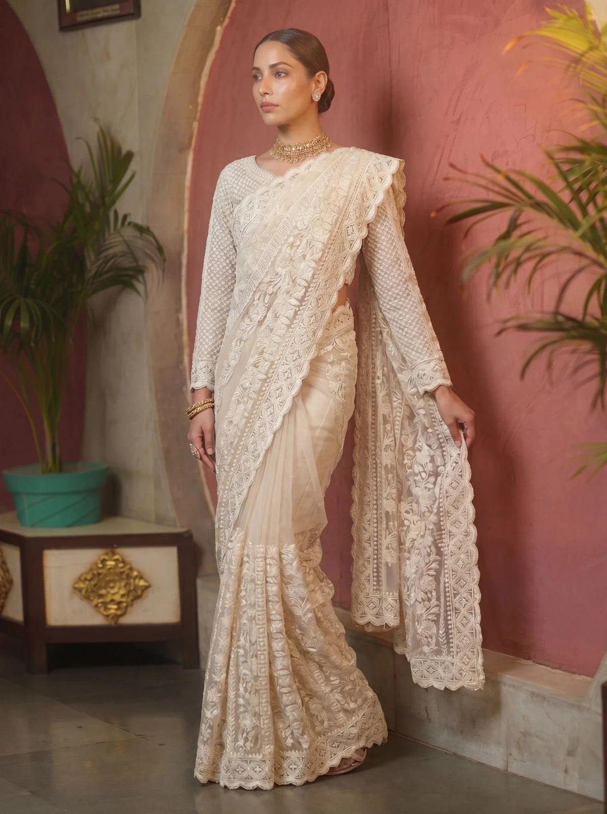 Designer Off - White Embroidered Saree with Detailed Handwork - Zimonza