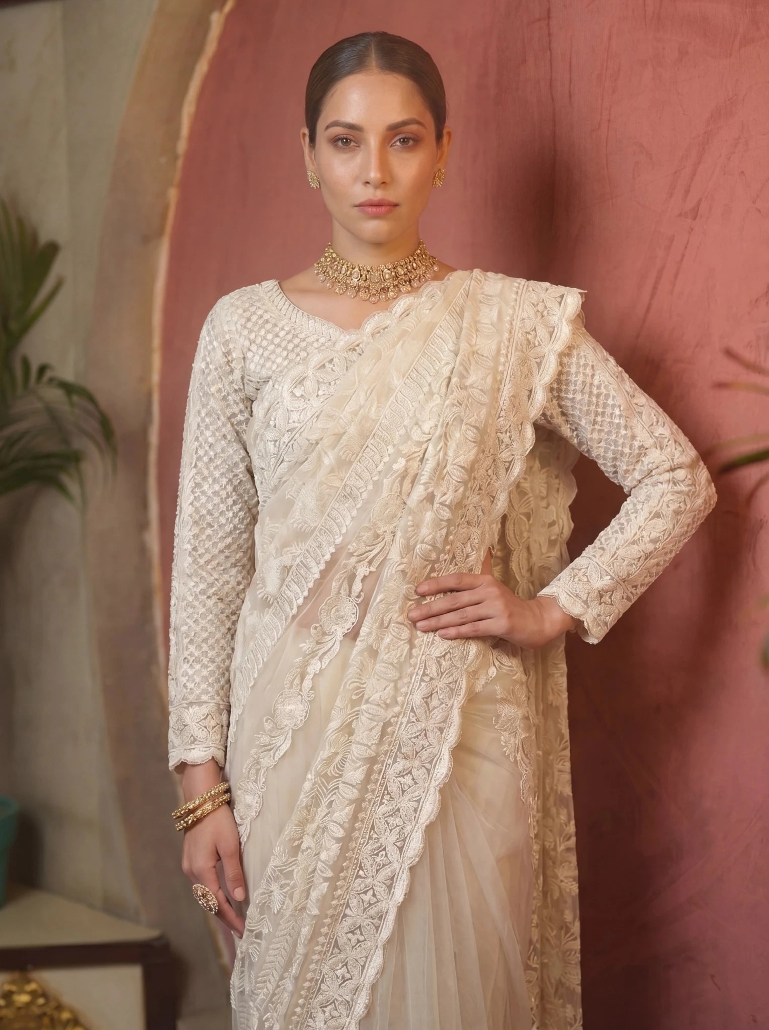 Designer Off - White Embroidered Saree with Detailed Handwork - Zimonza