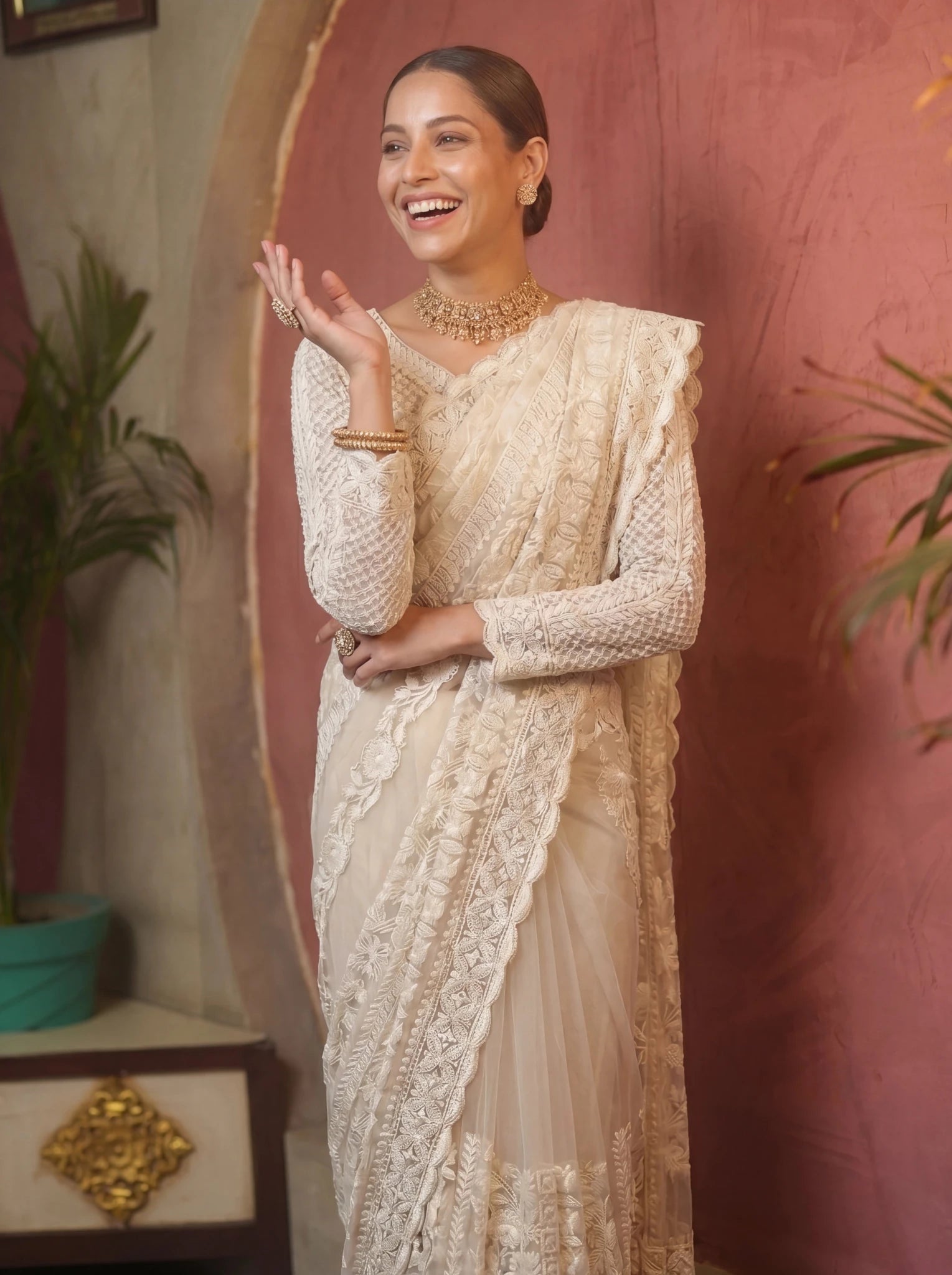 Designer Off - White Embroidered Saree with Detailed Handwork - Zimonza