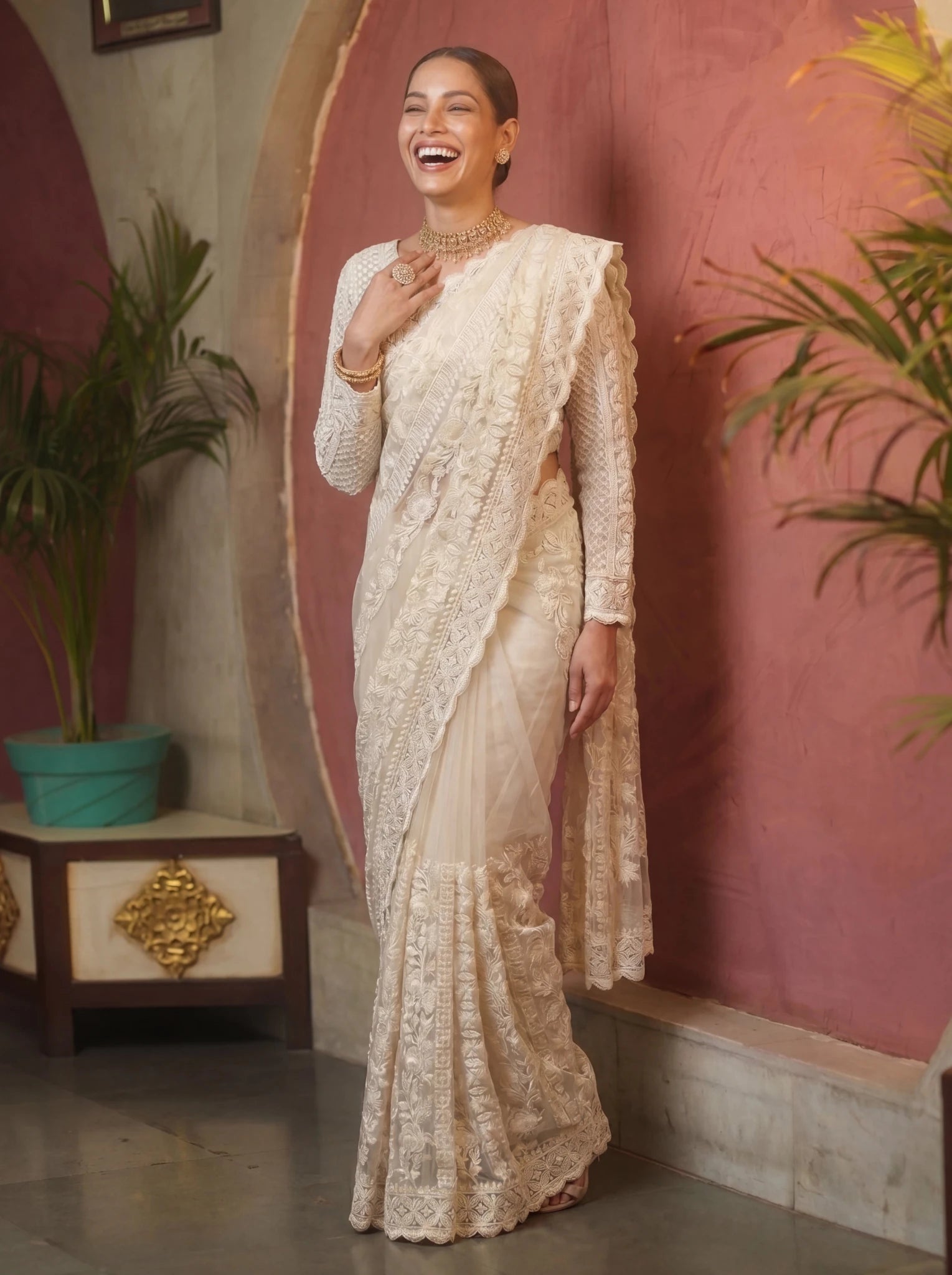 Designer Off - White Embroidered Saree with Detailed Handwork - Zimonza