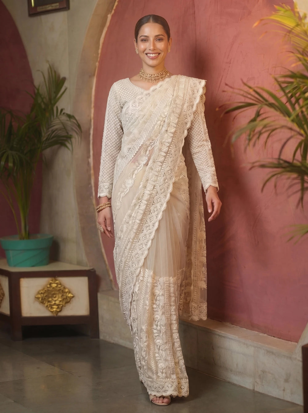 Designer Off - White Embroidered Saree with Detailed Handwork - Zimonza