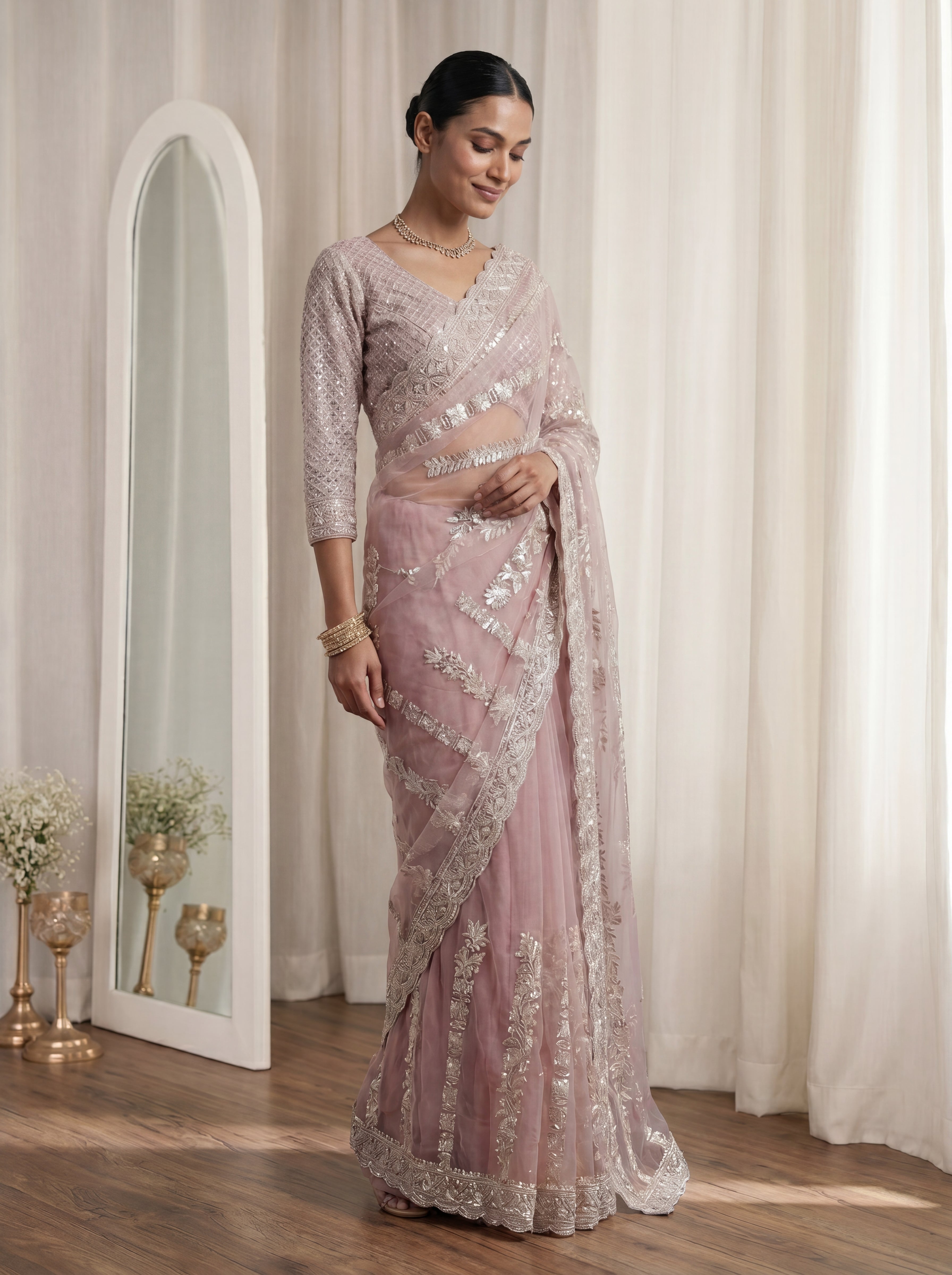 Designer Pink Embroidered Saree with Detailed Handwork