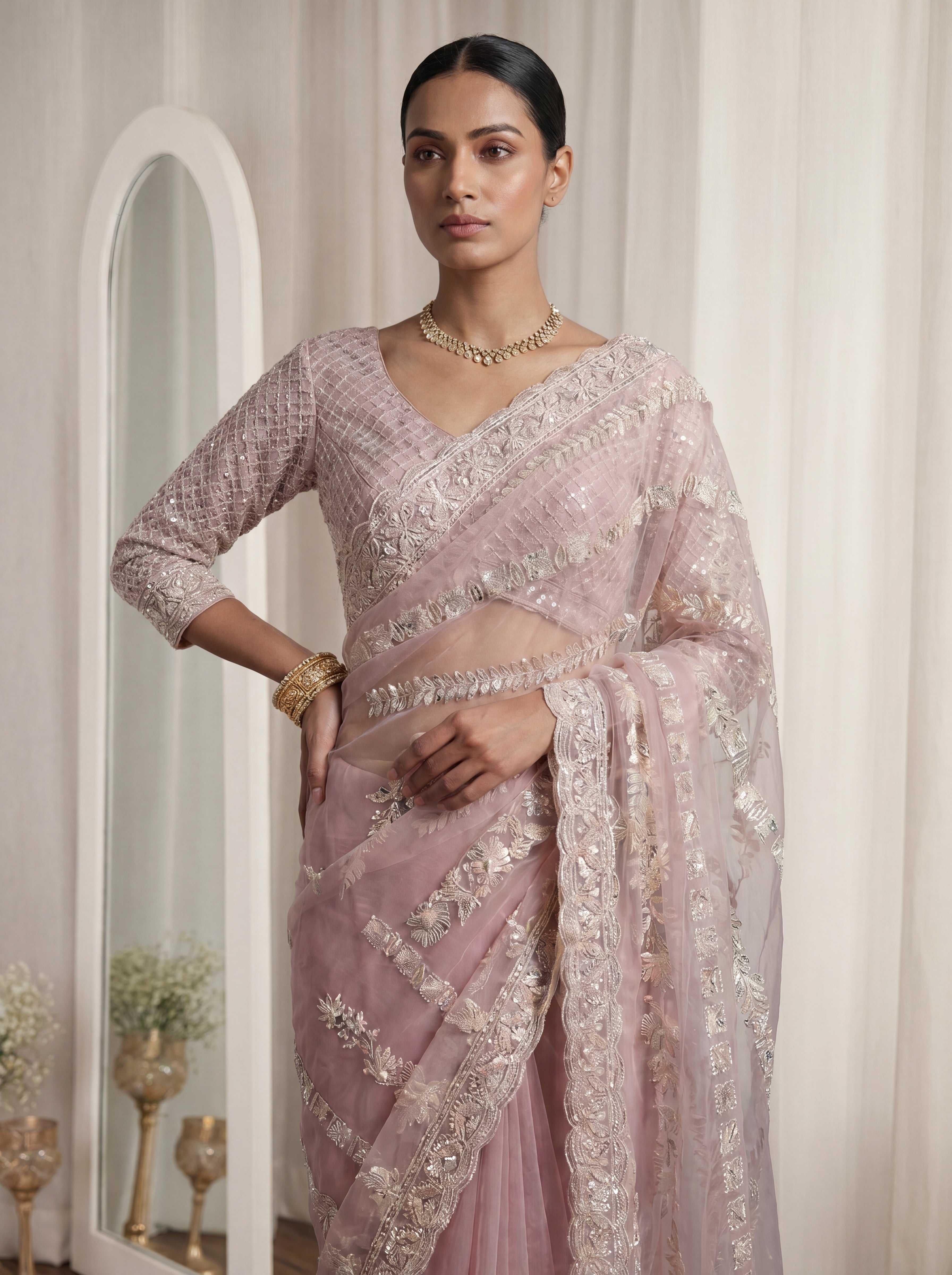 Designer Pink Embroidered Saree with Detailed Handwork